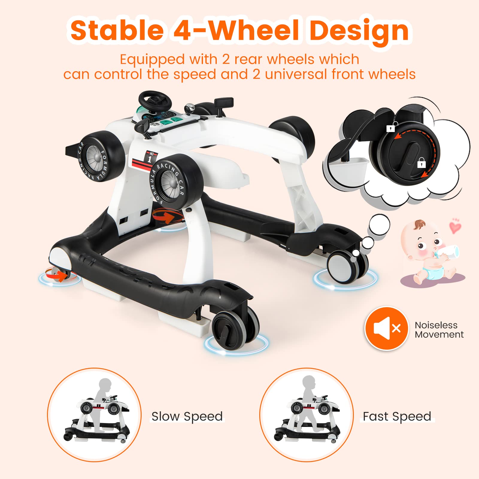 HONEY JOY 4-in-1 Baby Walker & Activity Push Walker with 3 Adjustable Heights, Smooth Wheels, Speed Control, Padded Seat, Music & Lights - Foldable Infant Walker for Boys & Girls 6-24 Months (White) - Perfect for Learning to Walk, Playtime & Indoor Activities
