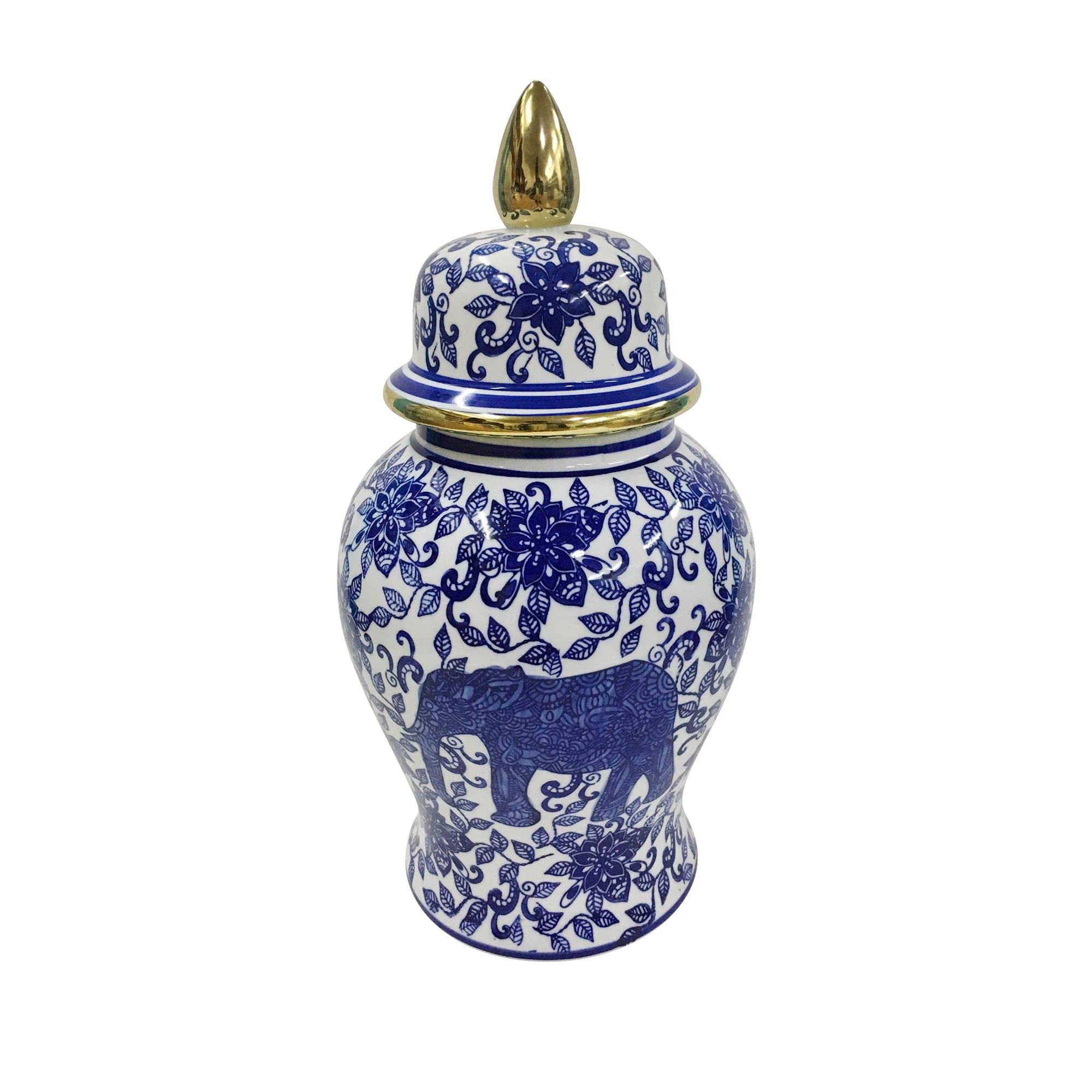 Kingston Living 14-Inch Blue and White Ceramic Floral Elephant Temple Jar - Handcrafted Decorative Vase for Home Decor, Wedding Centerpiece & Boho Room Accent
