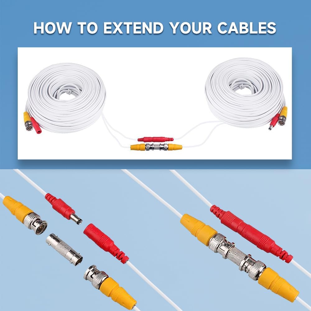 4 Pack 100ft/30M All-in-One BNC Video Power Cables for CCTV Security Camera System - 8 BNC Connectors & 100 Cable Clips Included - Perfect for DVR Installation & Surveillance Setup (Indoor/Outdoor Use)