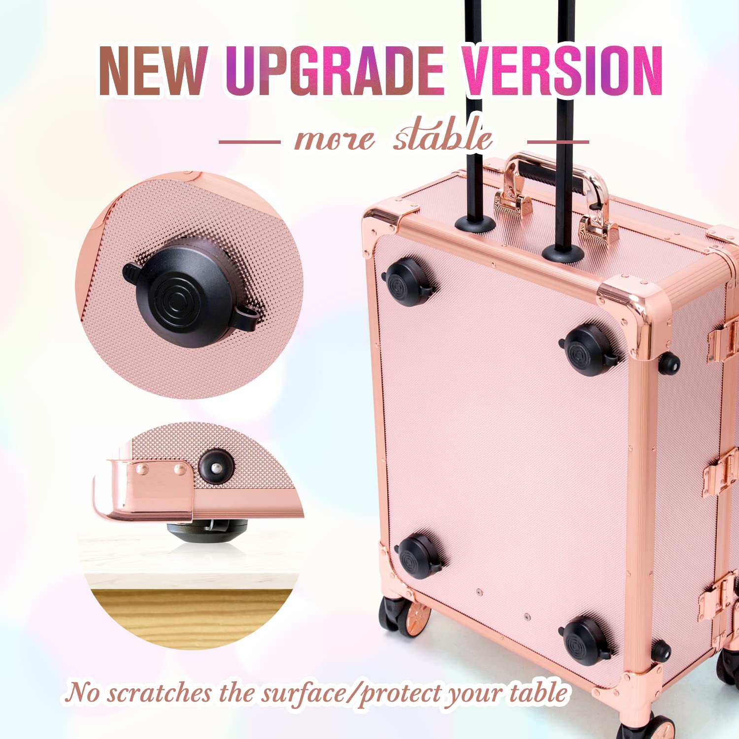 Kemier Professional Makeup Case with LED Lighted Mirror, Portable Cosmetic Organizer with 4 Wheels, Extendable Trays & Adjustable Legs - Rose Gold | Perfect for Home, Travel & Professional Makeup Artists