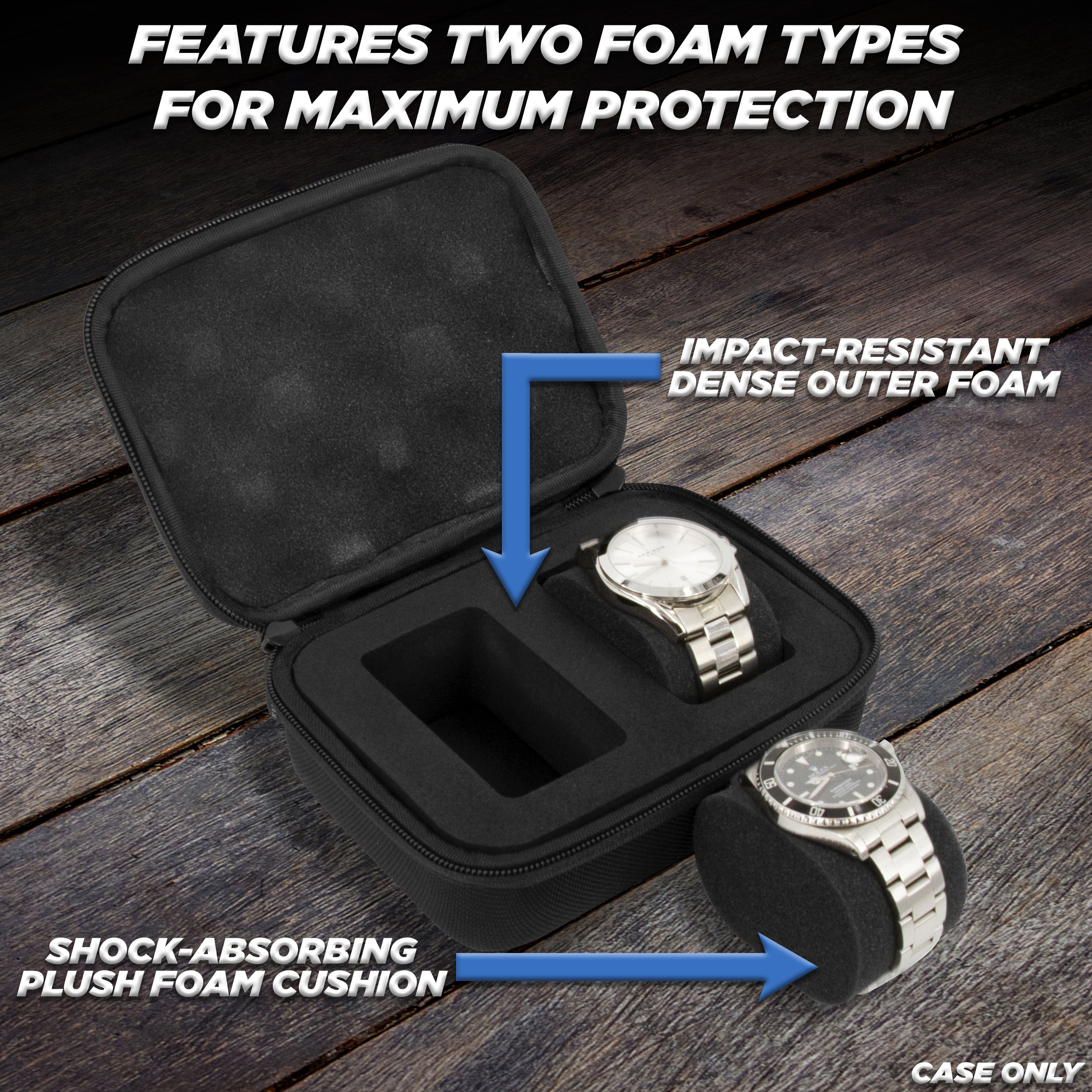 CASEMATIX Hard Shell Travel Watch Case for 2 Watches - Durable Protective Watch Box with Plush Foam Cushions & Carry Handle - Perfect for Business Trips, Vacations & Luxury Watch Storage