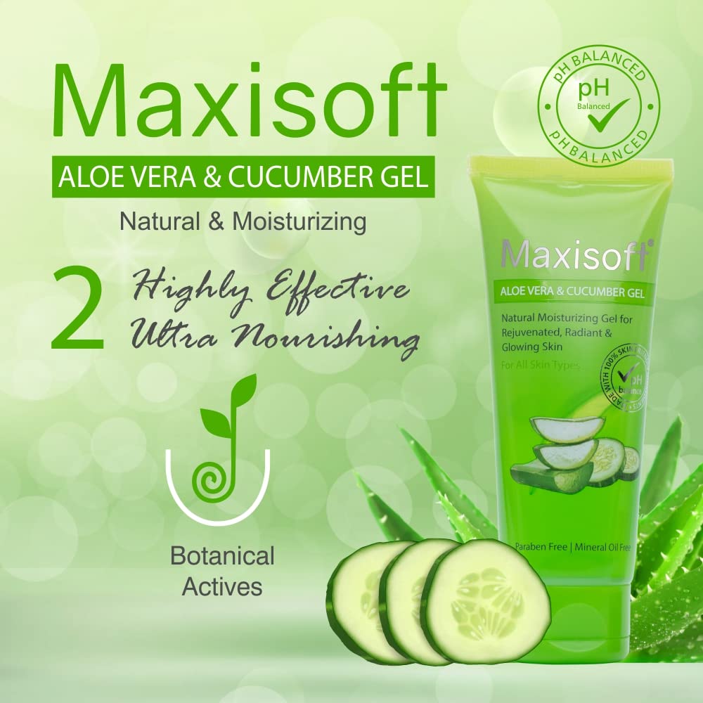 Maxisoft Aloe Vera & Cucumber Gel for Face & Body - Cooling Moisturizer to Soothe Dry, Irritated Skin - Lightweight Non-Sticky Formula for Daily Skincare & Haircare - 120g (Pack of 1) | Perfect for Sunburn Relief, After-Sun Care & Summer Hydration