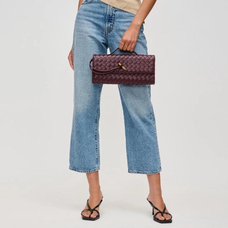 Ada Top Handle Woven East West Clutch Crossbody Bag for Women - Wine Red Evening Purse for Parties, Dinner Dates & Special Occasions