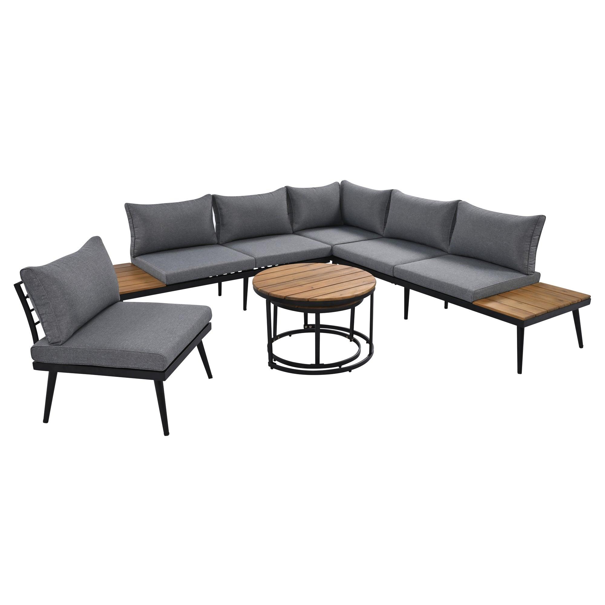 6-Piece Outdoor Sectional Sofa Set with Round Nesting Coffee Tables & Cushioned Seating - Patio, Porch, Garden Furniture for Backyard, Poolside & Outdoor Living Spaces