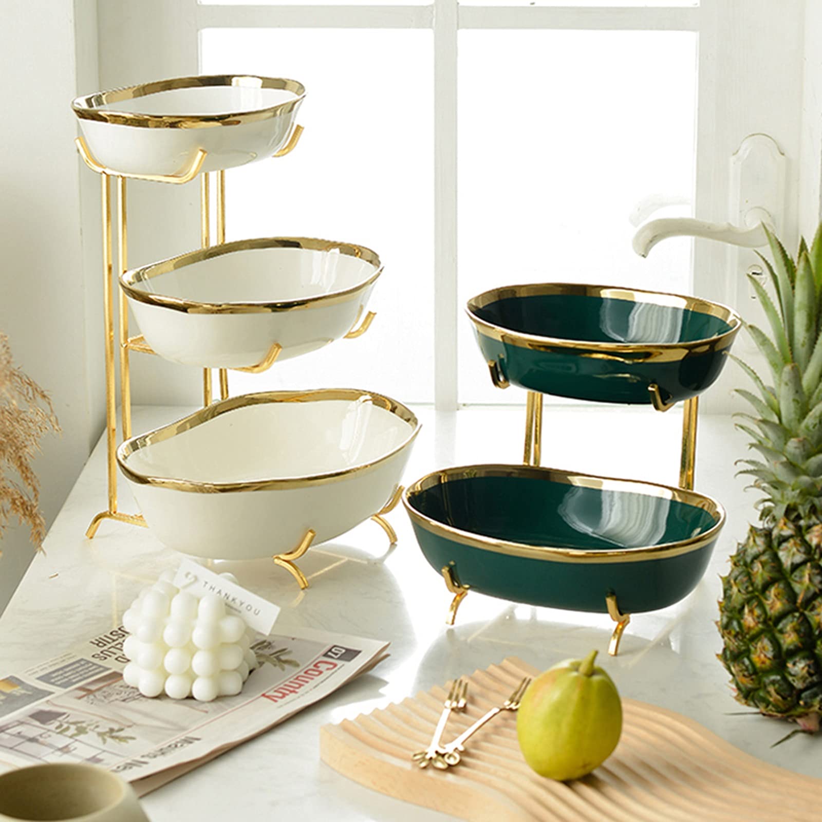 3-Tier Fruit Basket - Creative Multilayer Serving Tray for Living Room Decor, Chinese Snack Plate & Candy Dish - Green | Perfect for Parties, Home Decor & Office Reception Desk