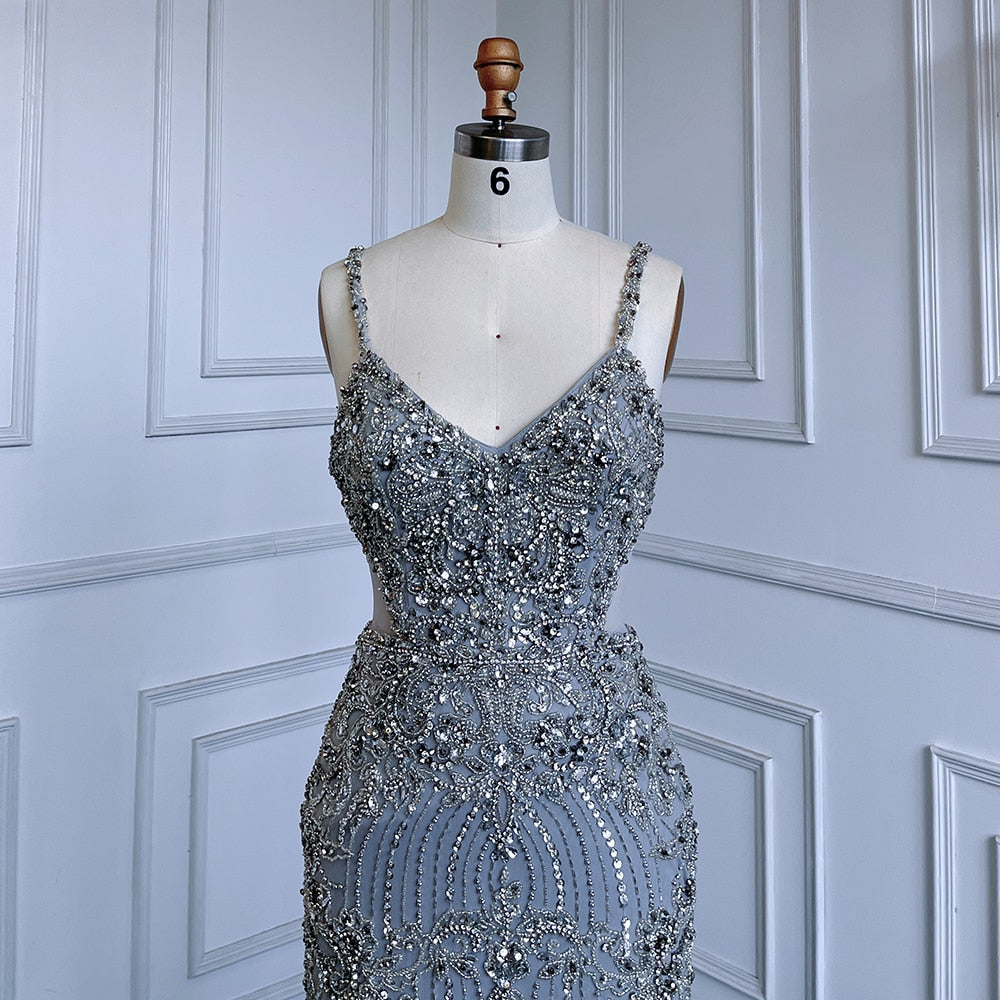 Elegant Grey Mermaid Evening Gown with Spaghetti Straps, Beaded Feather Details & Cut-Out Design for Women's Party Wear - Perfect for Prom, Cocktail Parties & Formal Events