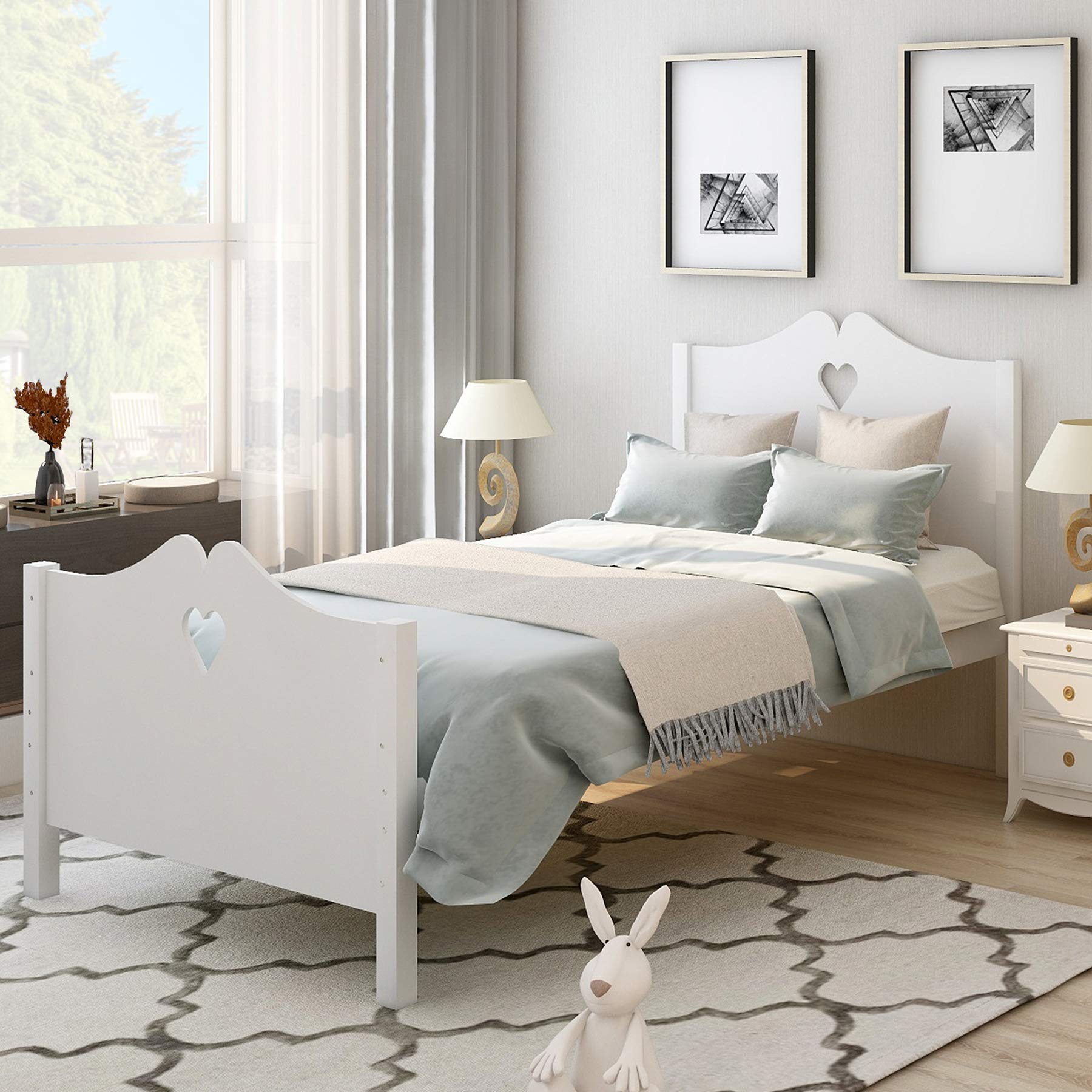 P PURLOVE Twin Size Platform Bed Frame with Wood Slat Support - Sturdy Headboard & Footboard, Modern Minimalist Design (White) | Perfect for Small Bedrooms, Guest Rooms & Dormitories