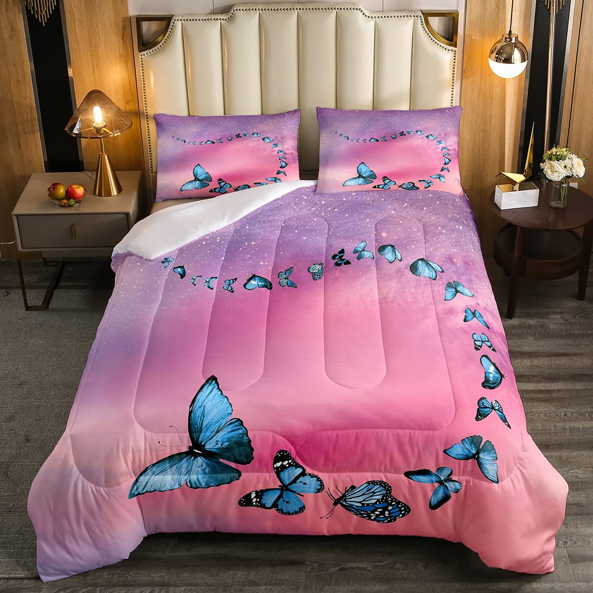 **Blue Butterfly Comforter Set for Kids - Fantasy Galaxy Themed Bedding with Gradient Purple & Pink - Full Size 3-Piece Set for Boys & Girls - Perfect for Bedroom Decor & Fairy Tale Dreamy Room Themes**
