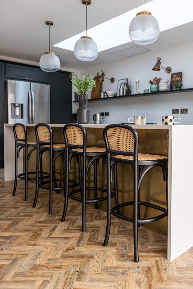 Chez Pitou Black Wood & Woven Cane Bar Stool - Modern Kitchen Island & Counter Height Stool for Dining & Home Decor