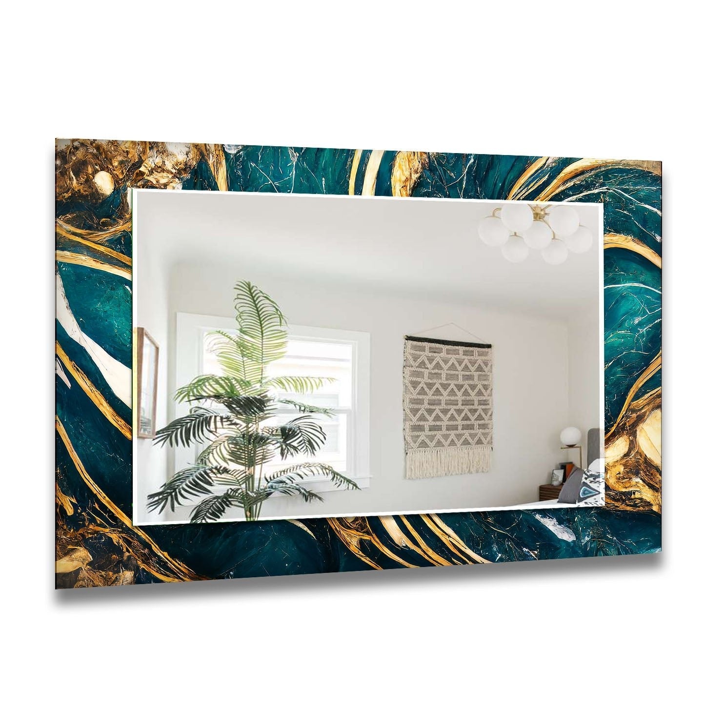 Abstract Green and Gold Wall Mirrors - Modern Decorative Mirror for Living Room, Bedroom, Entryway - Adds Elegance & Style to Any Space