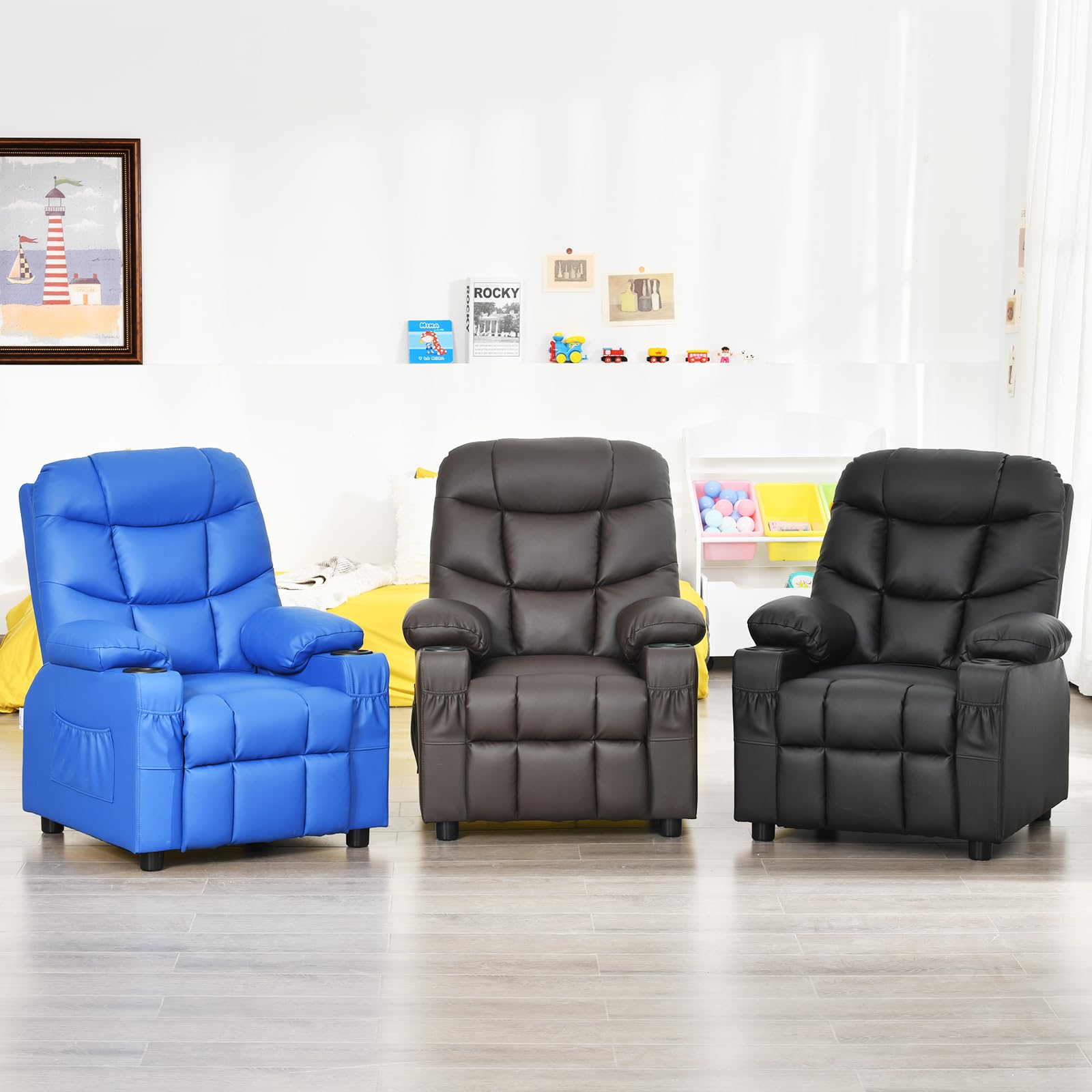 MAT EXPERT Kids Recliner - Adjustable Leather Gaming & Reading Chair for Boys & Girls with 2 Cup Holders, 3 Side Pockets & Footrest - Toddler Lounge Chair for Playroom, Nursery or Kids Bedroom (Black) - Perfect for Relaxing, Gaming, Reading & Watching TV