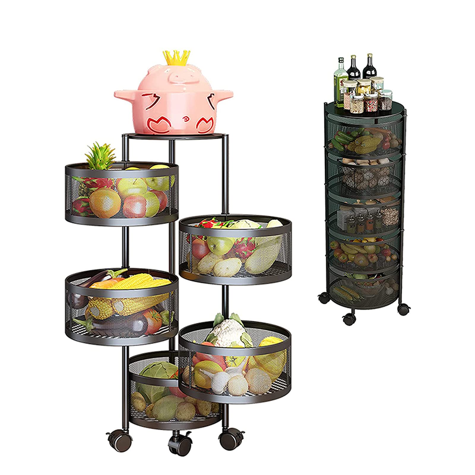 Rotating Kitchen Storage Rack - 5-Tier Black Organizer for Fruits, Vegetables & Household Items - Perfect for Kitchen, Living Room & Bathroom