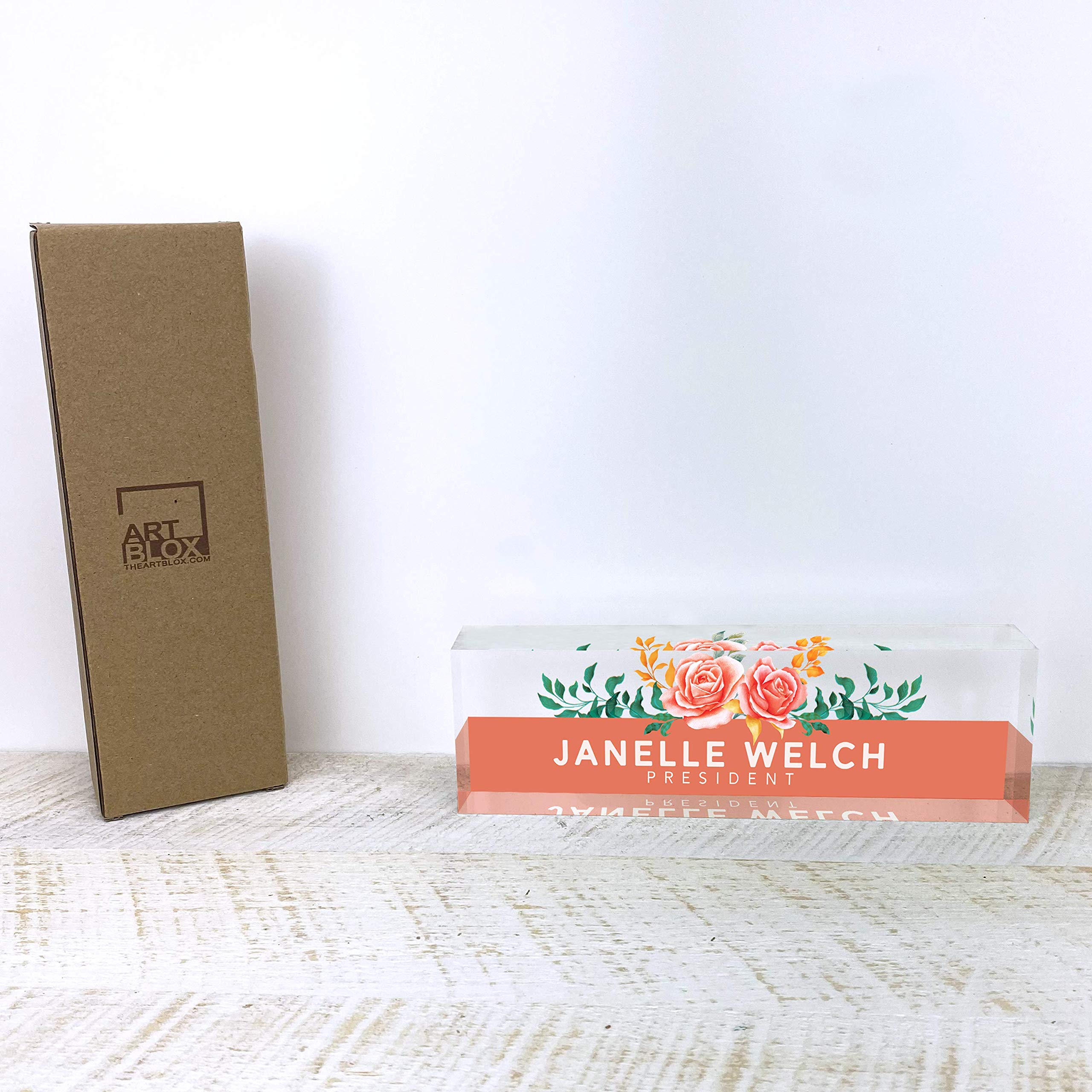 Personalized Artblox Office Desk Name Plate - Custom Engraved Acrylic Name Sign with Orange Roses Design (8