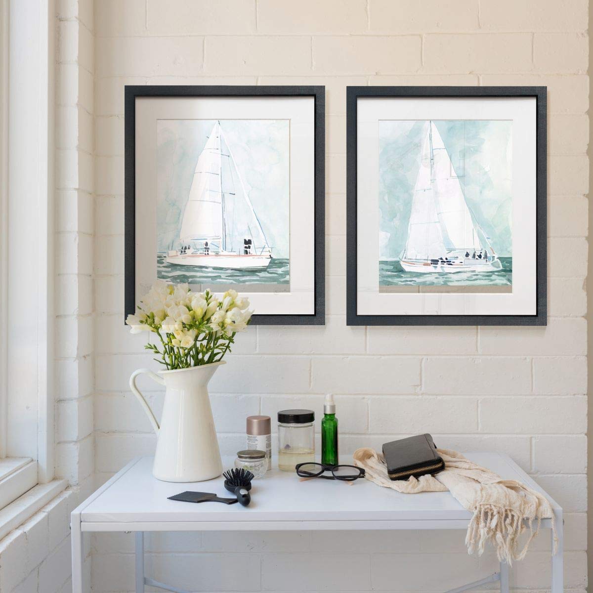 Distressed Black 2-Piece Framed Wall Art Set - Nautical Theme with Coral, Sailboat, Oyster & Ship Designs - Ready to Hang 16x20 Canvas Prints - Perfect for Beach House, Coastal Decor or Living Room Wall Art