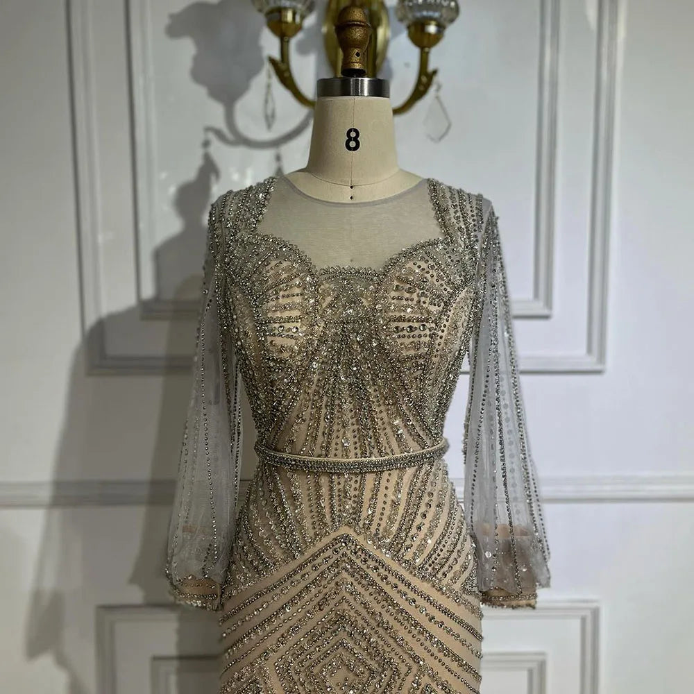 Elegant Arabic Silver Beaded Mermaid Evening Gowns for Women - Luxury Dubai Wedding & Party Dresses 2025 | Perfect for Bridal Showers, Red Carpet Events & Formal Occasions