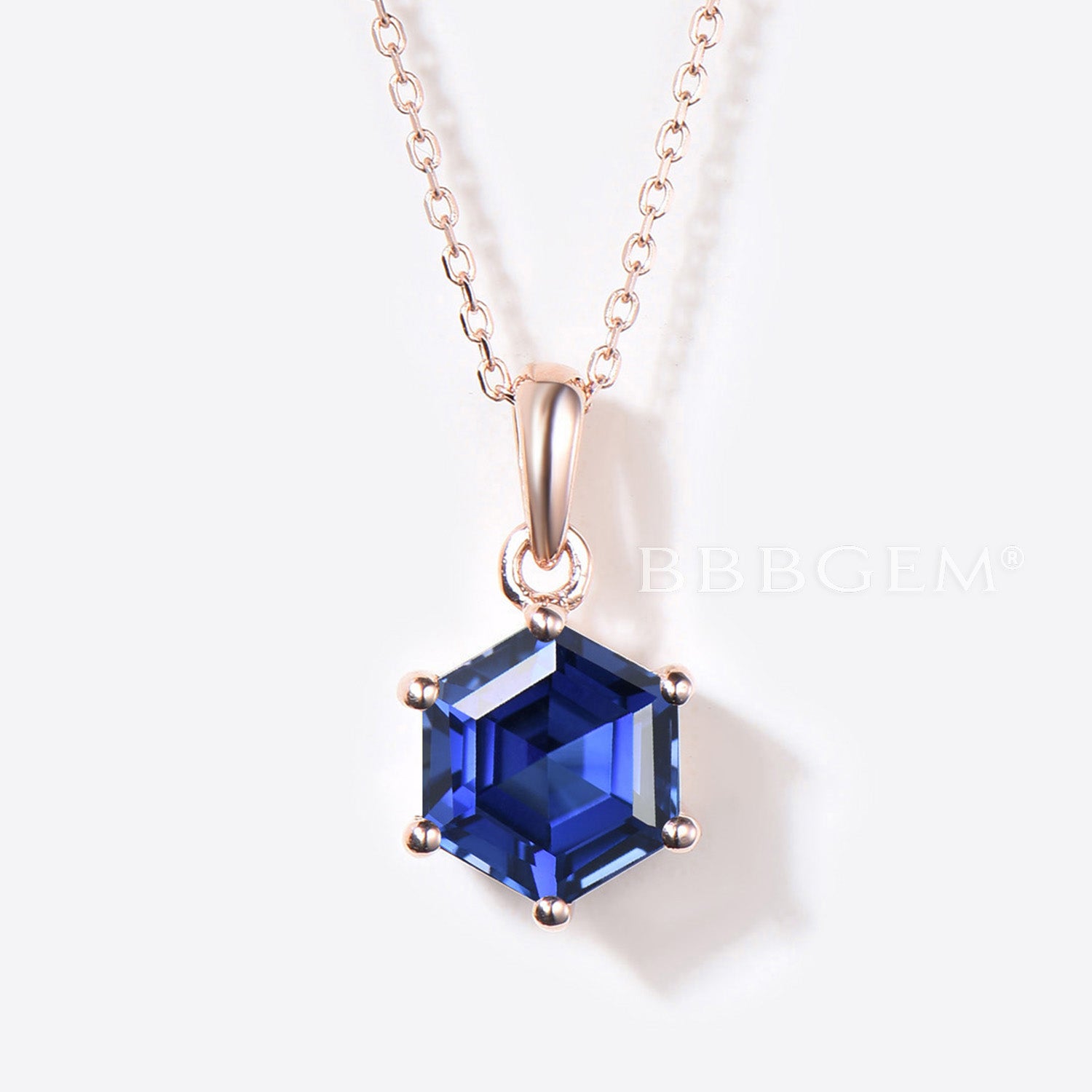 14K/18K Rose Gold Vintage Hexagon Cut Blue Sapphire Solitaire Necklace - September Birthstone Jewelry for Wedding, Anniversary & Special Occasions