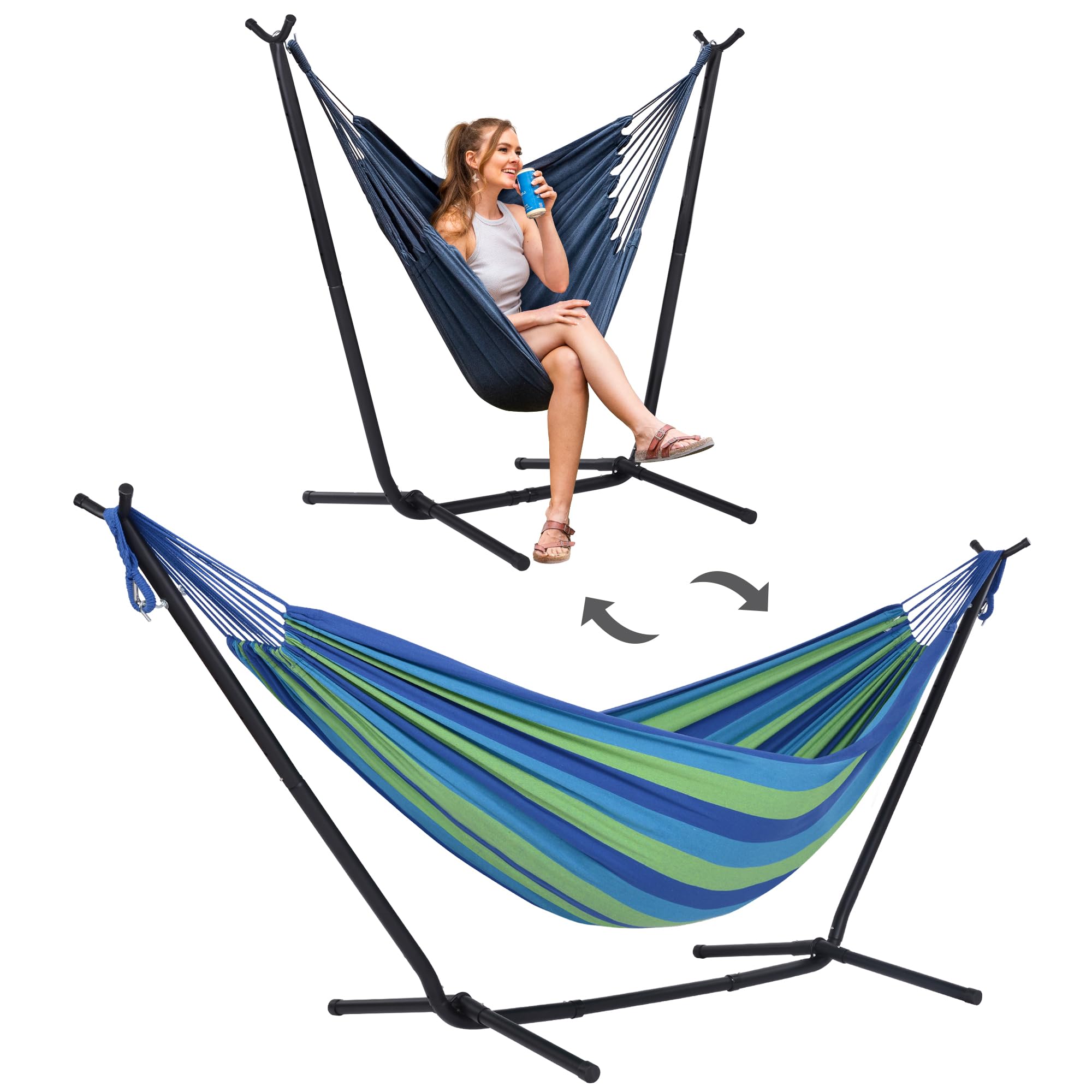 SUNCREAT 2-in-1 Hammock Chair with Stand - 475 lbs Heavy Duty Capacity, Patented Design for Two People, Blue Stripe - Perfect for Backyard Relaxation, Patio Lounging & Outdoor Adventures