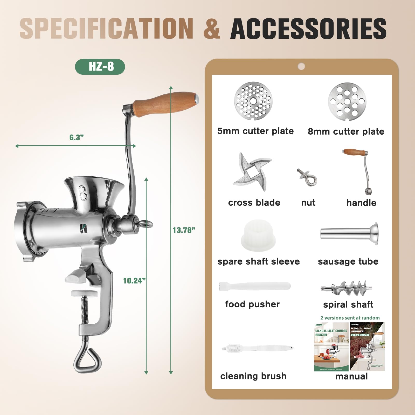 Huanyu Stainless Steel Manual Meat Grinder - Heavy Duty Table Clamp Sausage Stuffer & Food Mill with Hand Crank for Chicken, Beef, Small Bones & Chili - Perfect for Home Kitchen, Camping & Sausage Making (Model HZ-8)