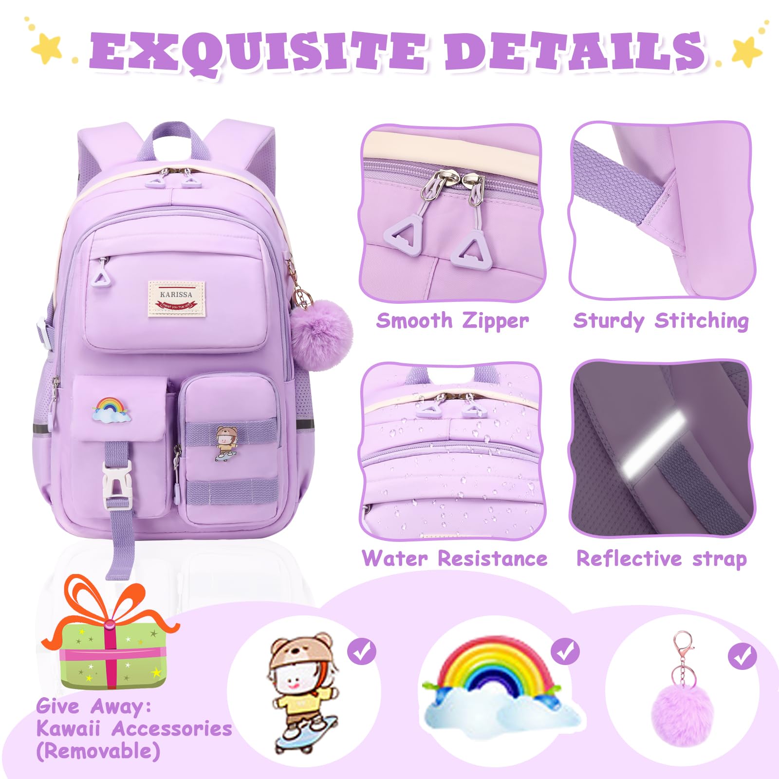 Cute Kawaii Girls Backpack for School - Fashionable Teen Bookbag with Multiple Pockets for Elementary, Middle & High School Students (Purple) - Perfect for Daily Use, Travel & School Supplies Organization