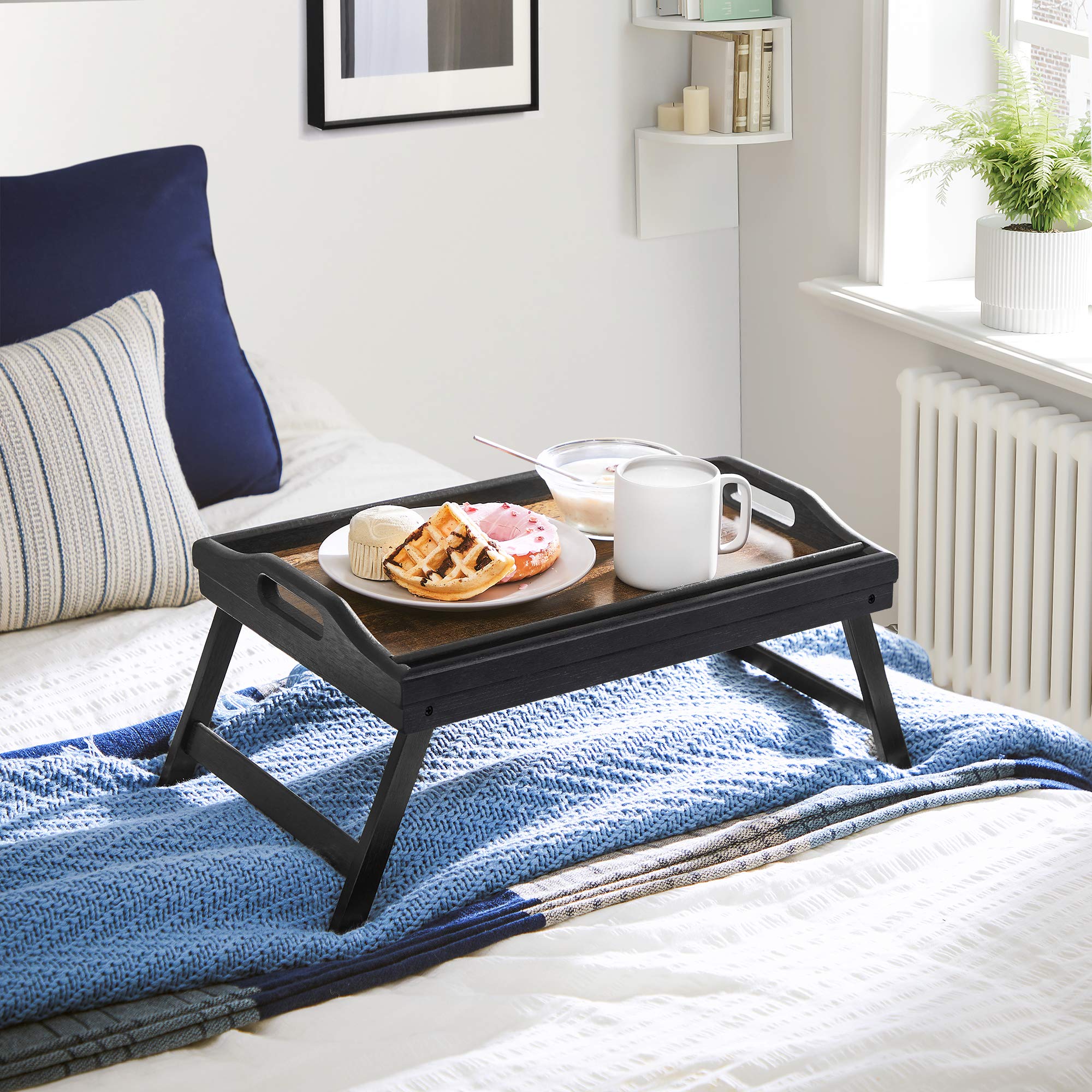 SONGMICS Bamboo Bed Tray with Folding Legs - Breakfast & Laptop Tray for Sofa/Bed Use