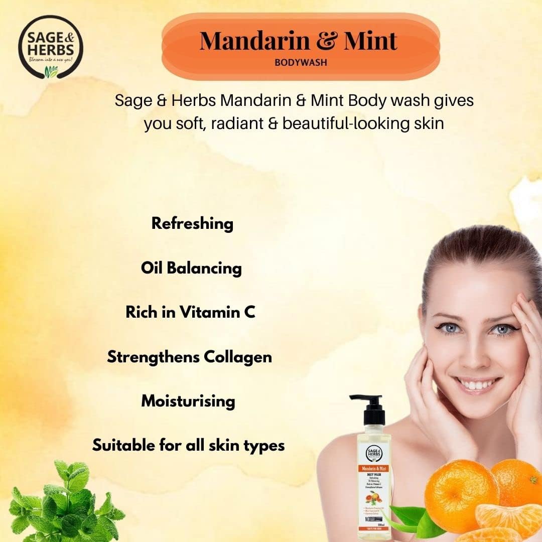 **Sage & Herbs Natural Bath Essential Mandarin & Mint Body Wash - Soothing & Hydrating for All Skin Types | Paraben-Free, Soap-Free | Perfect for Relaxing Showers & Spa Days**