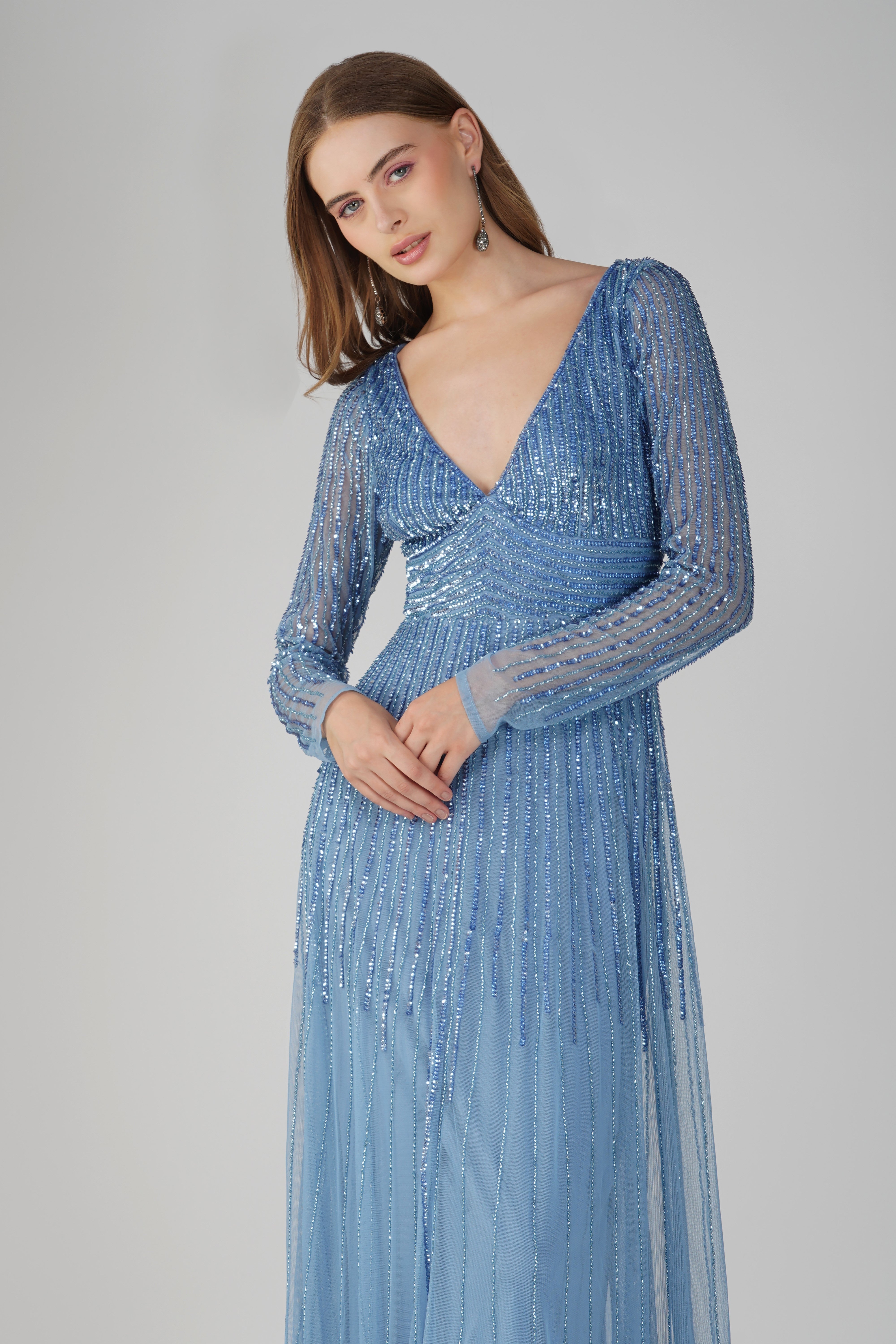 Laura Embellished Maxi Dress in Powder Blue - Elegant Floral Lace Evening Gown for Women, Perfect for Weddings, Prom, and Special Occasions