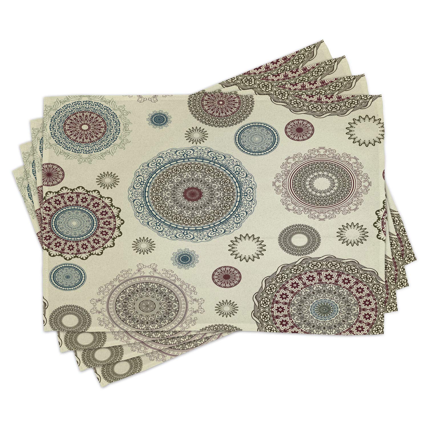 Ambesonne Beige Place Mats Set of 4 - Vintage Ornate Round Oriental Motifs, Washable Fabric Dining Table Decor for Kitchen & Dining Room | Perfect for Holiday Dinners, Family Gatherings & Elegant Home Decor