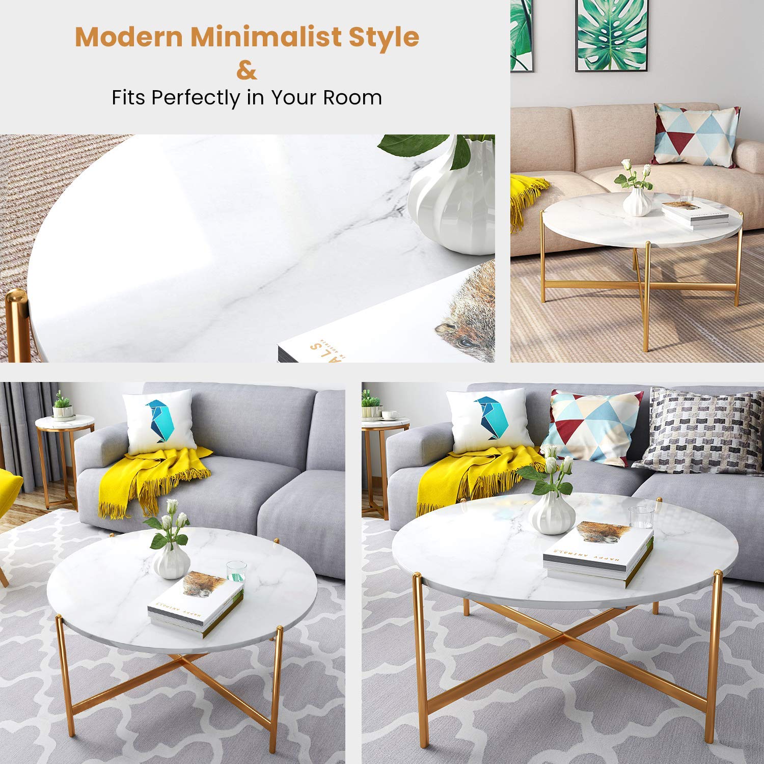Modern Round Faux Marble Coffee Table - 36 Inch White Gold Accent Table with Sturdy Metal Frame, Easy Assembly for Living Room, Dining Room & Home Office | Perfect for Small Spaces, Coffee Date & Entertaining Guests