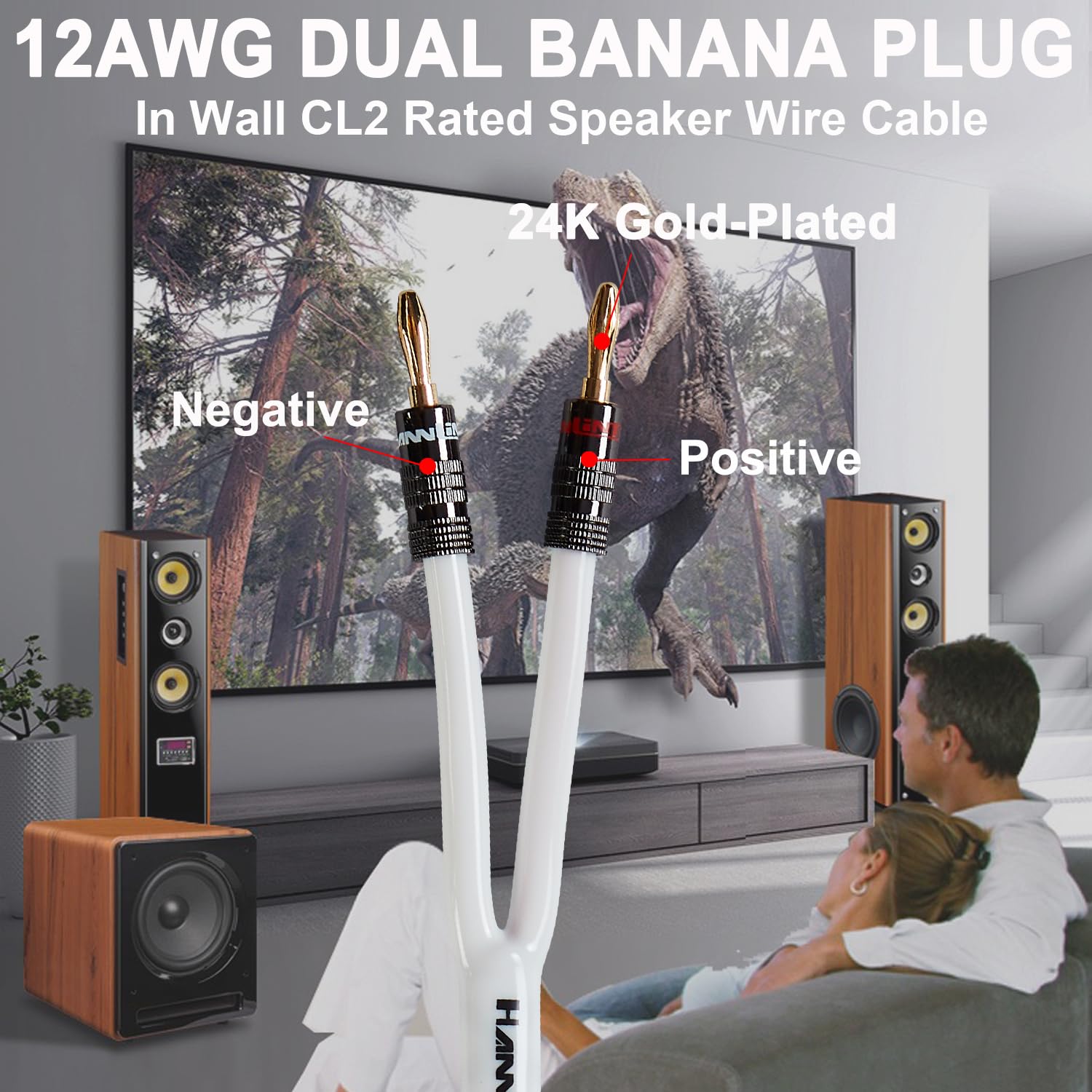 12AWG Premium Heavy Duty Braided Speaker Wire - 10 Feet (3m) Oxygen-Free Copper Cable with Gold Plated Banana Plugs - CL2 Rated for In-Wall Use - Perfect for Home Theater, Surround Sound & Professional Audio Systems