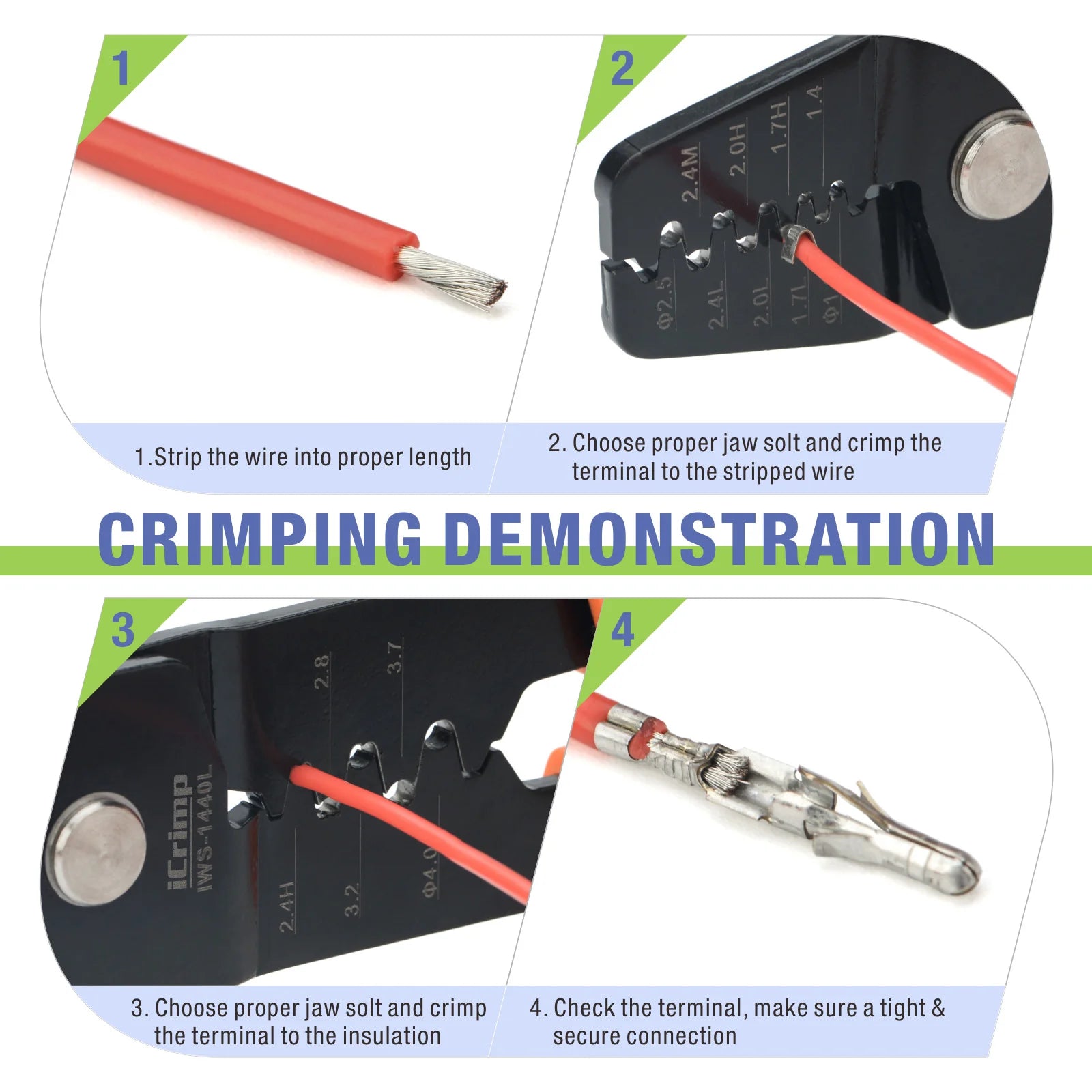 IWS 1440L Open Barrel Terminals Crimper Tool for AWG28-14 Contacts - Compatible with JST, Molex, TE, HRS Connectors - Perfect for Automotive, Electronics, and DIY Wiring Projects