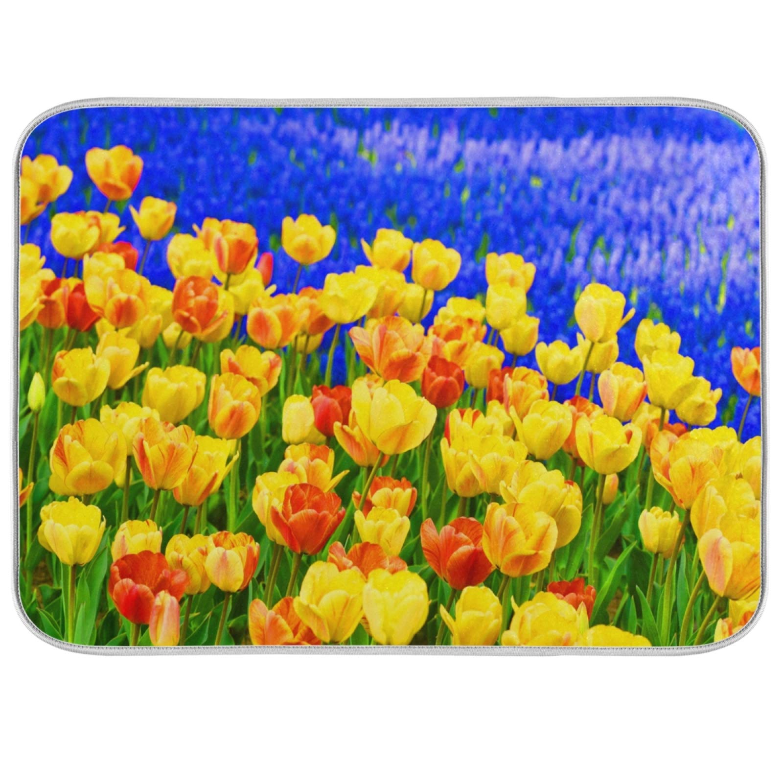 Oarencol Yellow Tulip Dish Drying Mat - Large 18x24 Inch Reversible Microfiber Kitchen Counter Mat for Dishes | Floral Decor for Spring, Summer, Autumn & Winter | Perfect for Kitchen Counter Protection & Decor