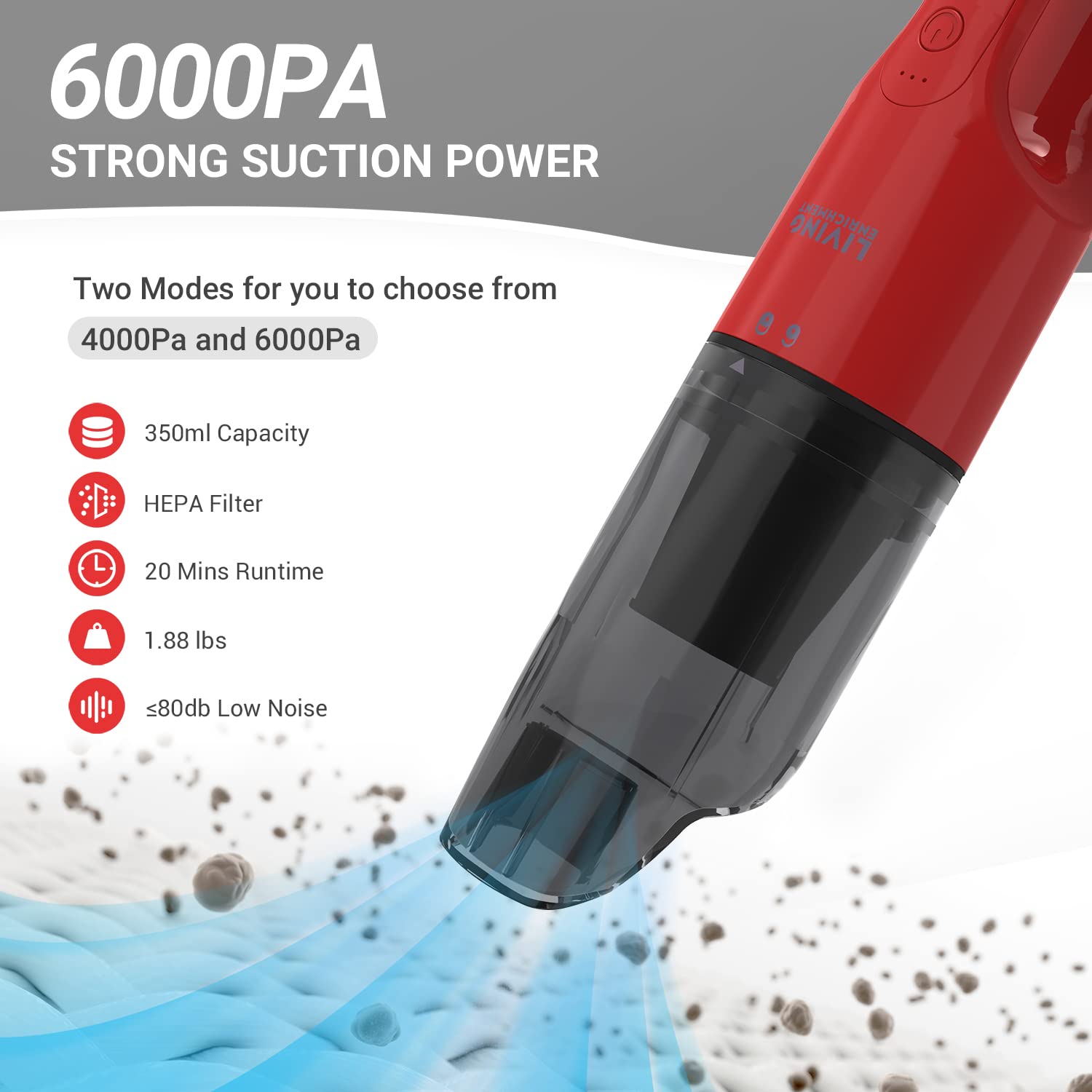 Rechargeable Handheld Vacuum Cleaner for Car & Home - Cordless Dust Buster with Powerful Suction, Crevice Nozzle & Cleaning Brush (Red) - Perfect for Pet Hair, Car Seats & Tight Spaces