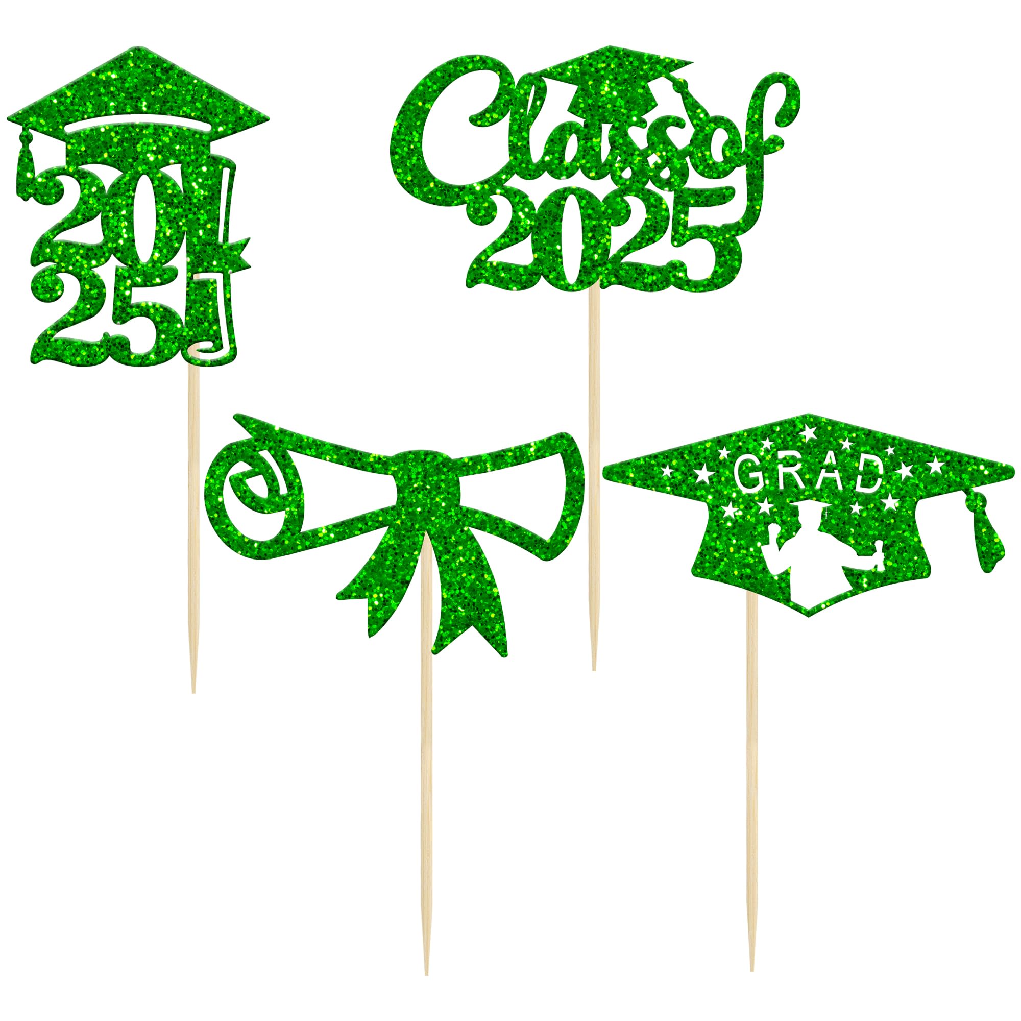 24Pcs Class of 2025 Graduation Cupcake Toppers - Glitter Diploma & Grad Cap Cake Decorations for 2025 Graduation Party Supplies (Green) | Perfect for Graduation Cakes, Cupcakes and Dessert Table Decor