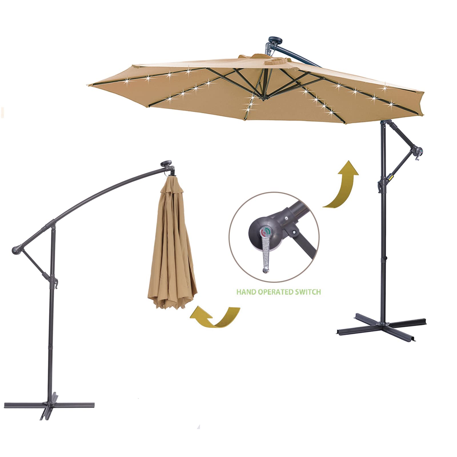 10 FT Solar LED Cantilever Patio Umbrella with Base - 32 Bright LED Lights, Easy Open Adjustable Outdoor Umbrella for Garden, Poolside & Backyard Relaxation