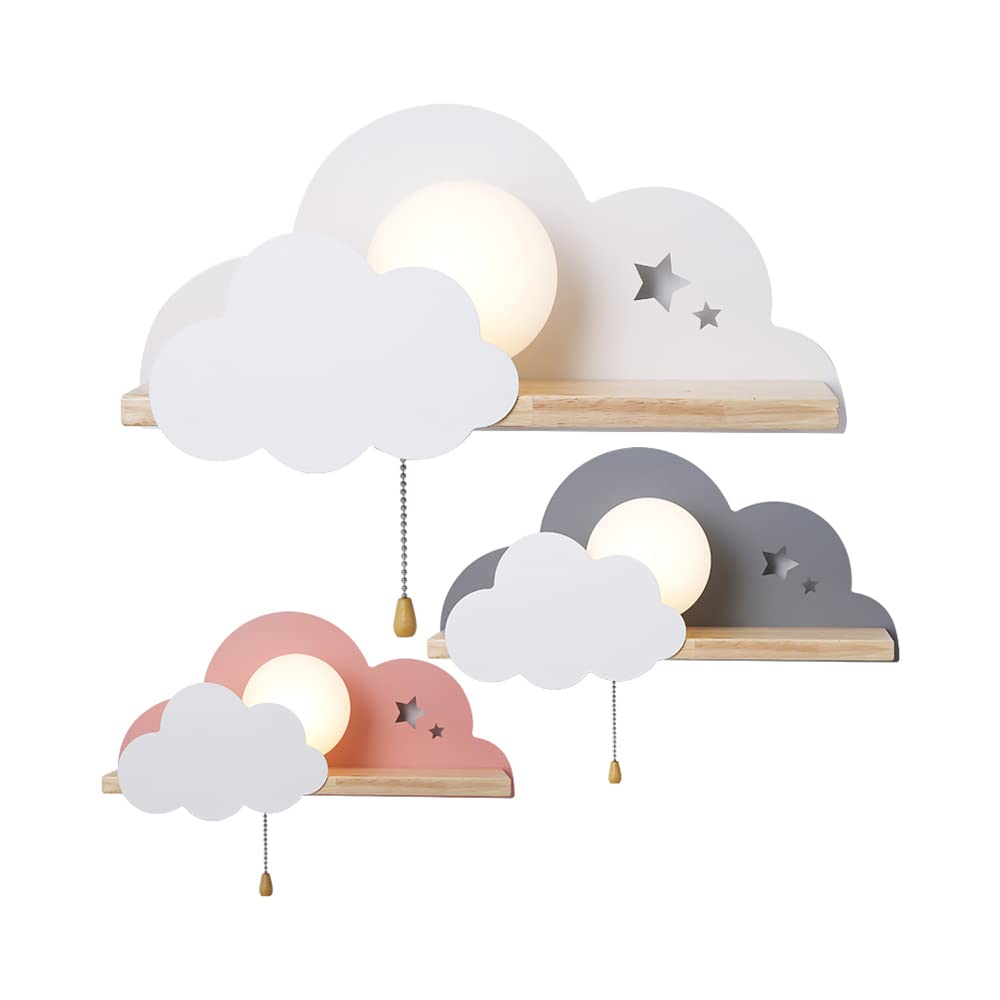 LITFAD Modern LED Wall Sconce Light - Cute Sun & Cloud Design with Pull Chain & Shelf, White Metal Wall Lamp for Girls Bedroom, Kids Room, Hotel Corridor & Stairway - Perfect for Night Light, Nursery Decor & Cozy Ambiance