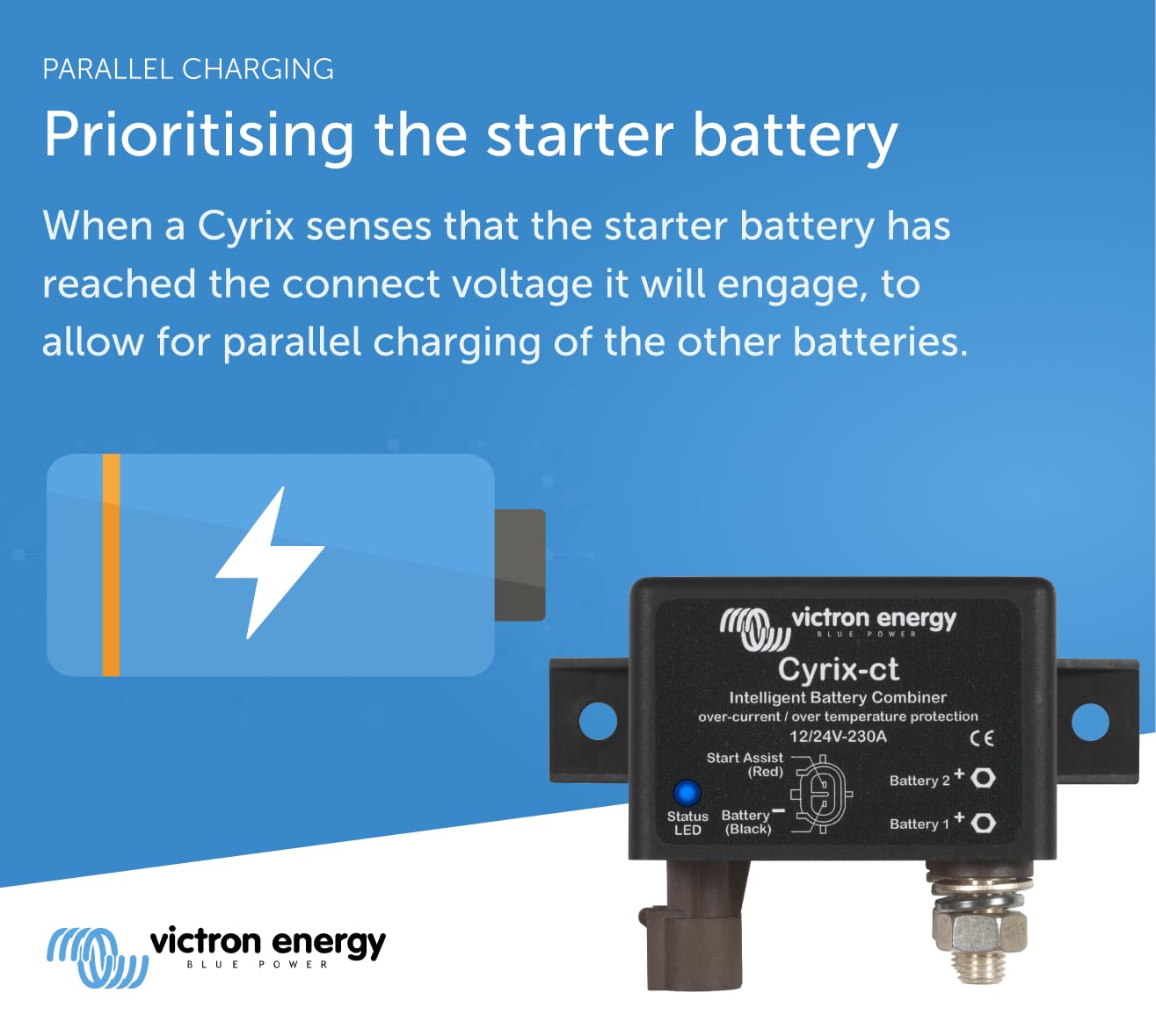 Victron Energy Cyrix-ct 12/24V 230A Smart Battery Combiner for Marine, RV & Off-Grid Power Systems - Dual Voltage Battery Charging Solution