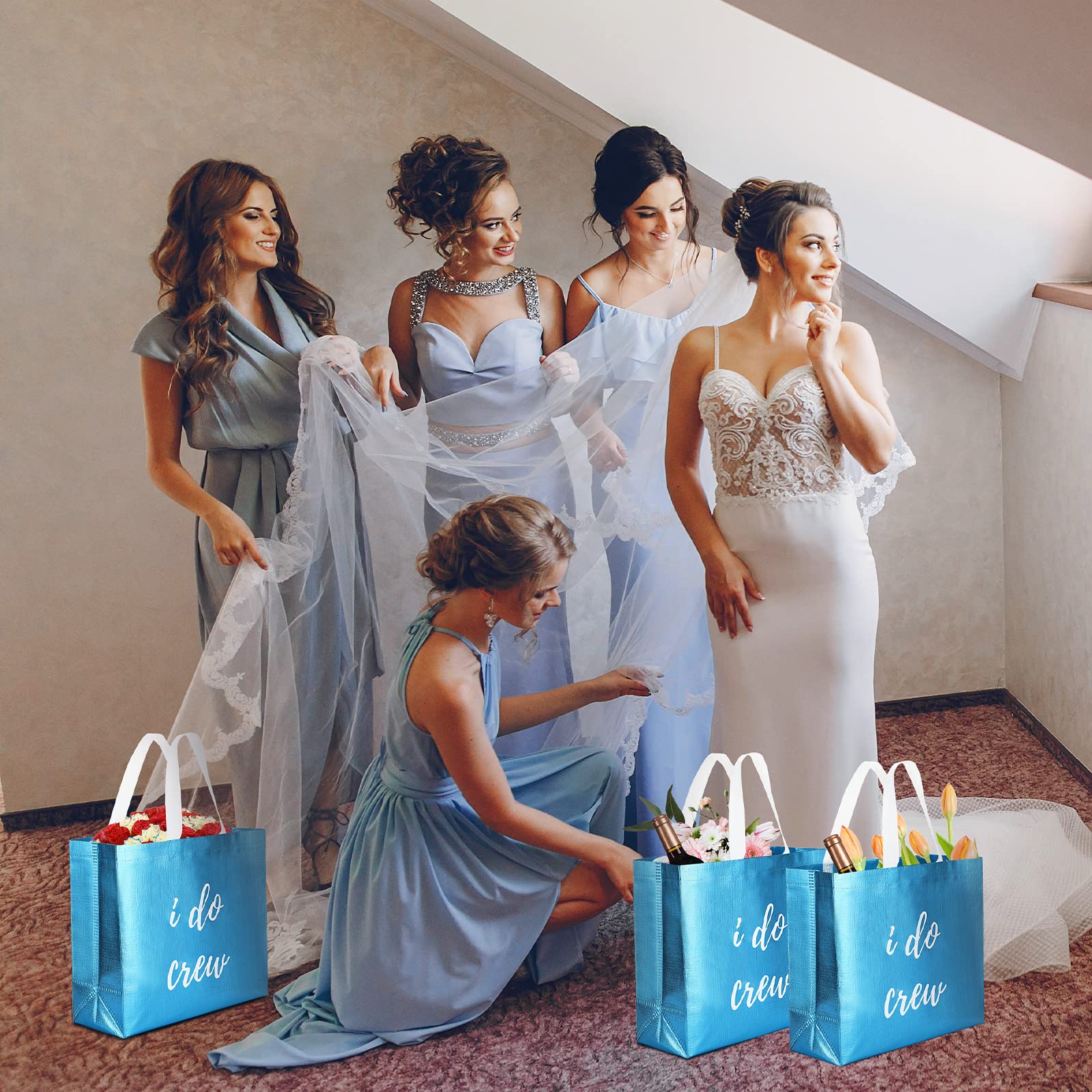 8pc Bridesmaid Gift Bags - Wedding Party Favors for Bachelorette & Bridal Showers (Blue)