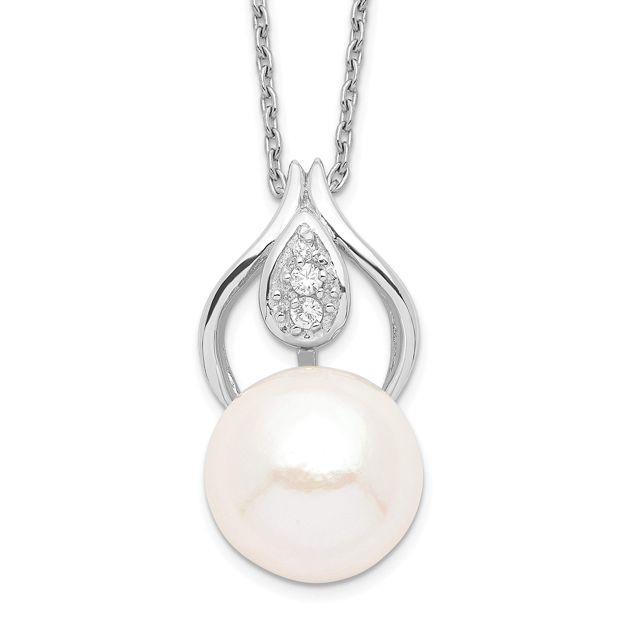 925 Sterling Silver 11-12mm White Freshwater Cultured Pearl & Cubic Zirconia Pendant Necklace for Women - Elegant Jewelry Gift for Wedding, Anniversary & Special Occasions