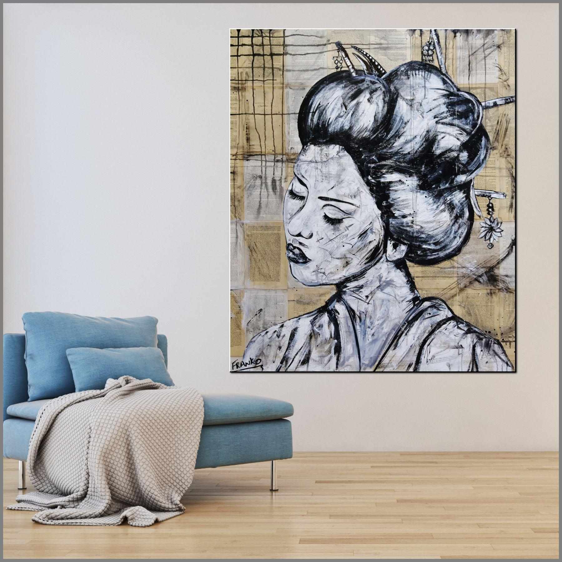 Geisha Study #3 - 120cm x 100cm Japanese Geisha Urban Pop Art Painting - Perfect for Book Club Decor, Living Room Wall Art & Asian-Themed Interior Design