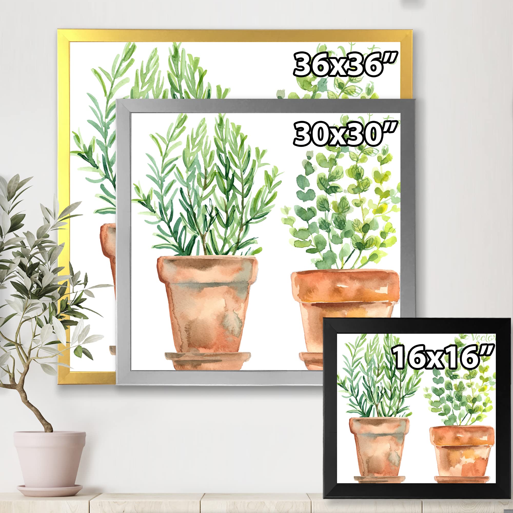 2 Green House Plants in Orange Flower Pots - Traditional Framed Wall Art Decor for Living Room, Bedroom & Office