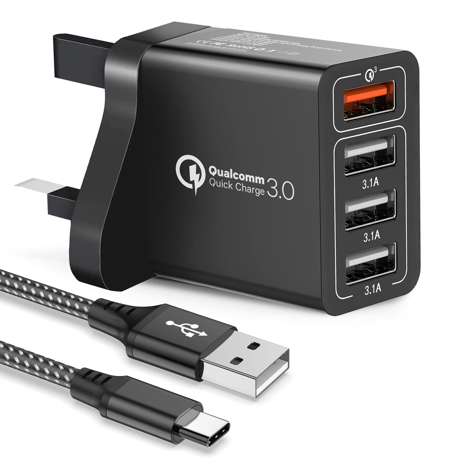 Yeonphom 4-Port USB Fast Charger 33W with QC3.0 Technology - Multi-Port Wall Charger for Samsung Galaxy S23/S22/S21/S20/S10/S9/S8/Note - Perfect for Home, Office & Travel Charging Multiple Devices Simultaneously
