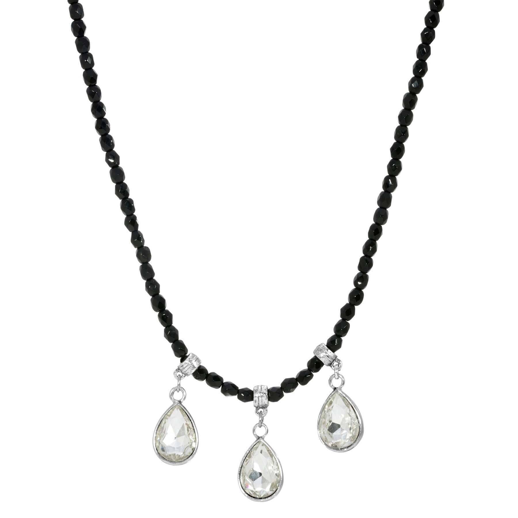 1928 Jewelry Black Bead Small Crystal Teardrop Necklace with 15 + 3 Extender - Elegant Dainty Layering Necklace for Women, Perfect for Date Night, Party & Everyday Wear