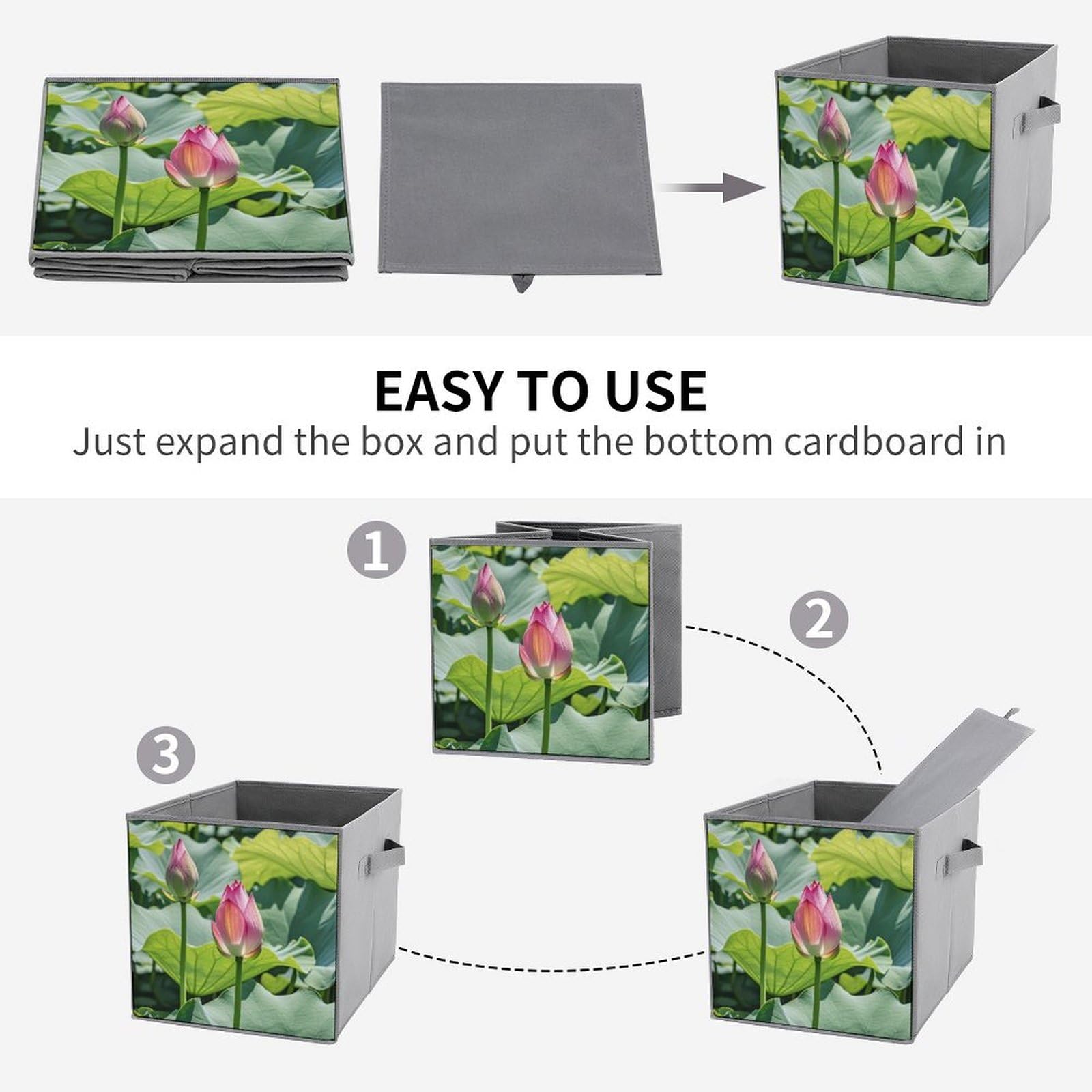 1PCS Foldable Storage Bins with Beautiful Lotus Flower Print - Large Capacity Storage Box with Handle for Home, Office & Playroom Organization - Perfect for Toys, Books & Clothes Storage