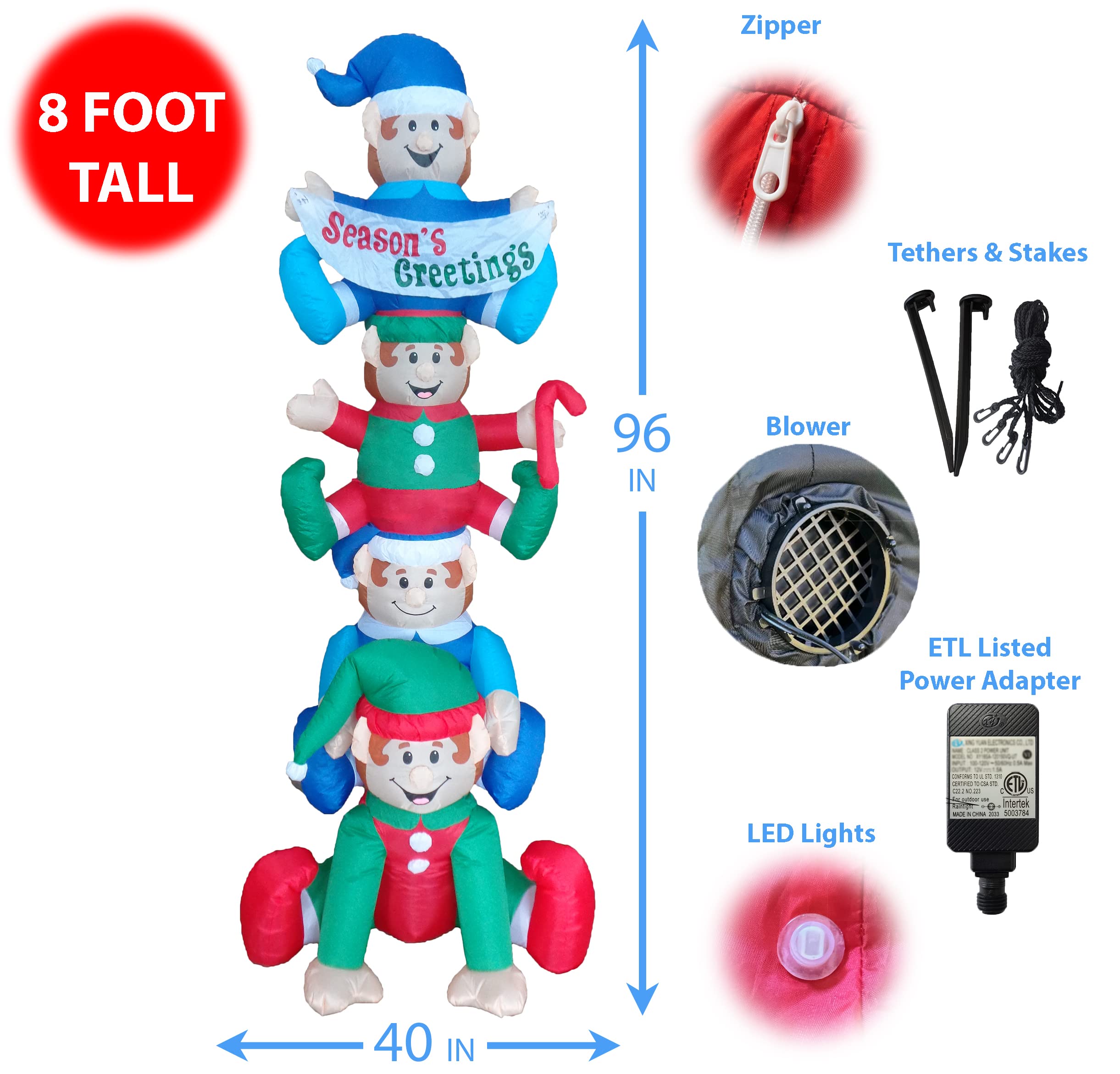8ft Christmas Inflatable Stacking Elves & Green Tree Decor Set with Gift Boxes & Star - Outdoor Holiday Party Decorations for Yard, Lawn, and Home Christmas Decor