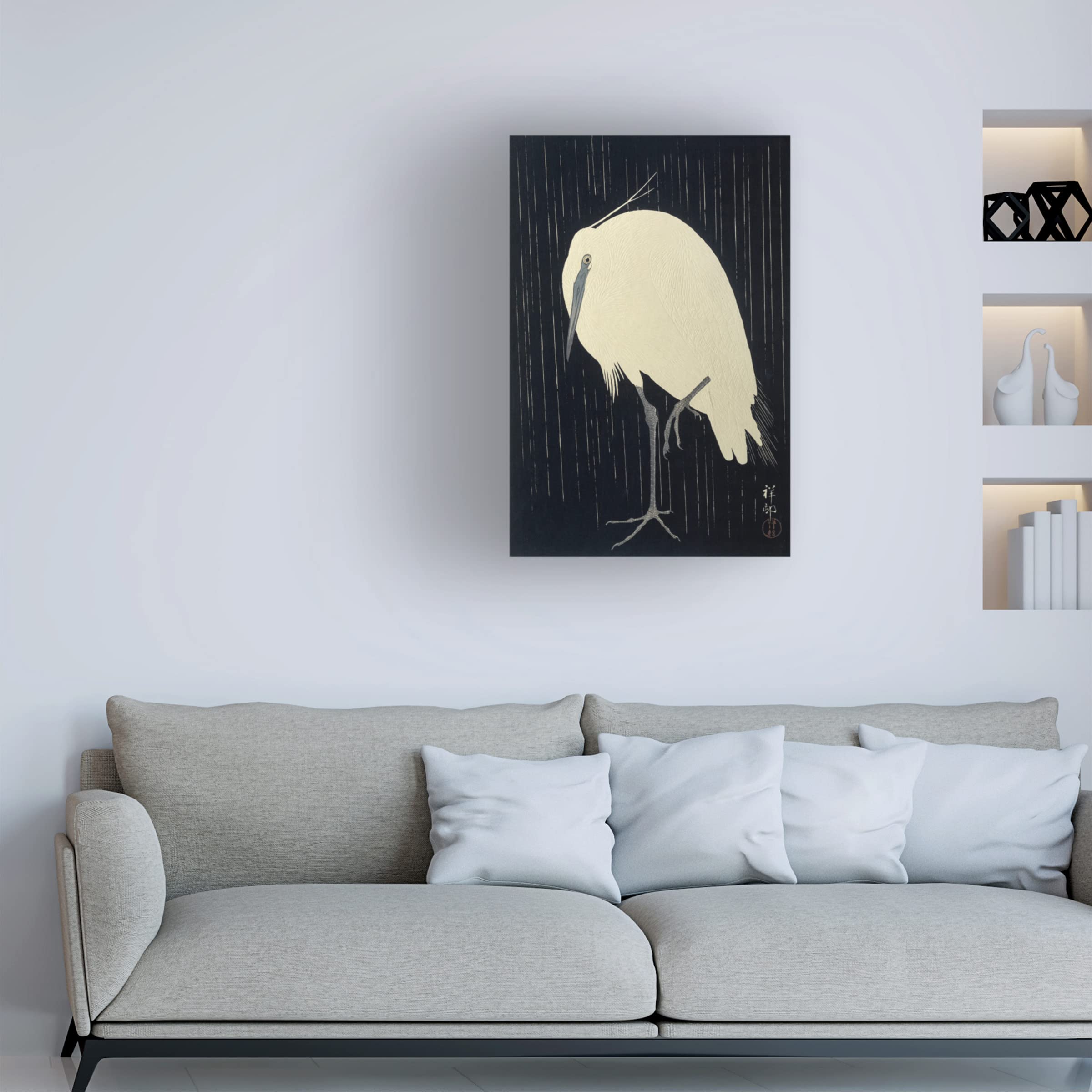 Ohara Koson 'Egret In The Rain' Canvas Wall Art Print (1925-1936) - Japanese Nature Painting for Living Room, Bedroom & Office Decor