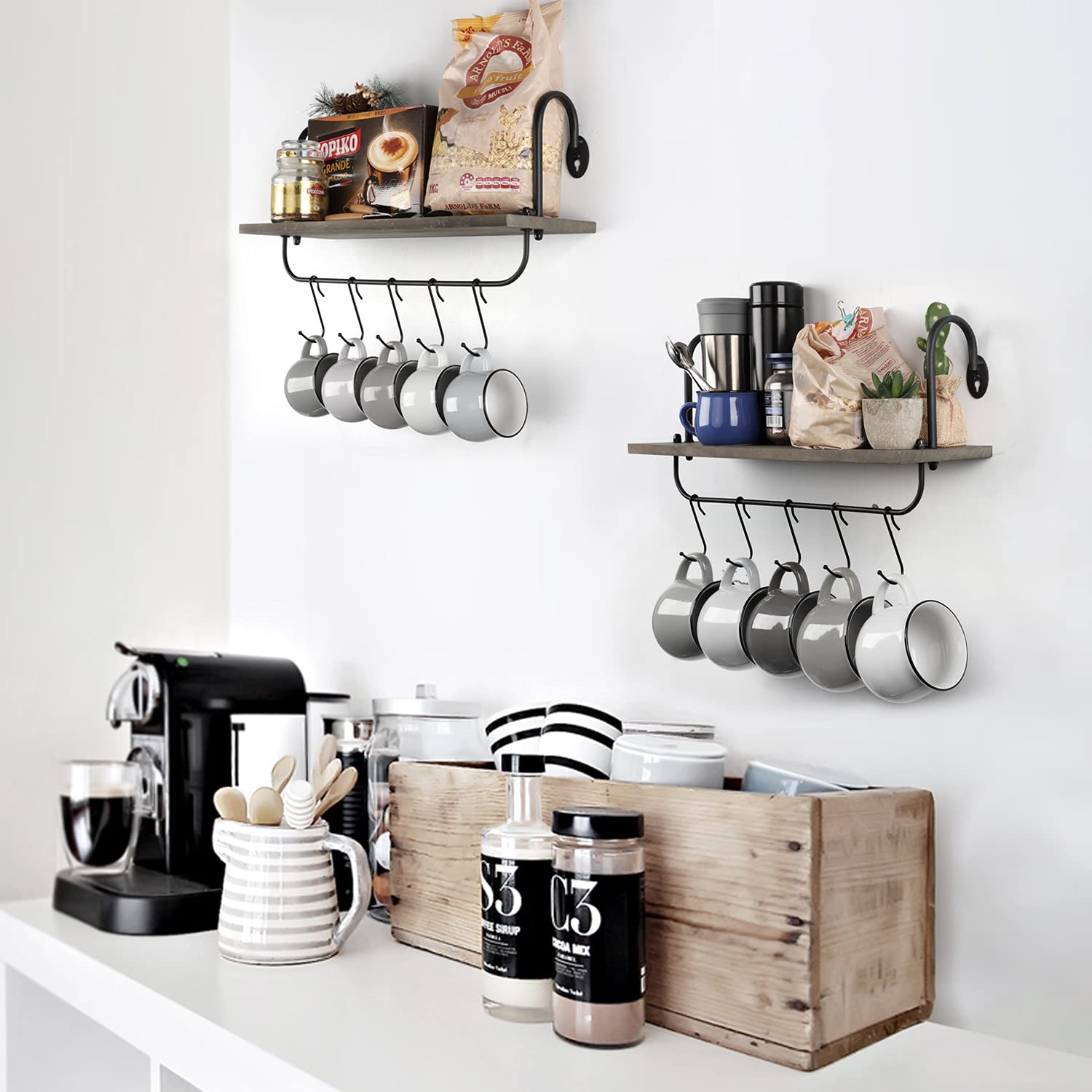Olakee 2-Pack Floating Wall Shelves with 10 Adjustable Hooks - 17x5.9 Inch Rustic Bathroom & Kitchen Storage for Mugs, Towels, Utensils - Perfect for Small Spaces, Coffee Nooks & Farmhouse Decor (Weathered Grey)