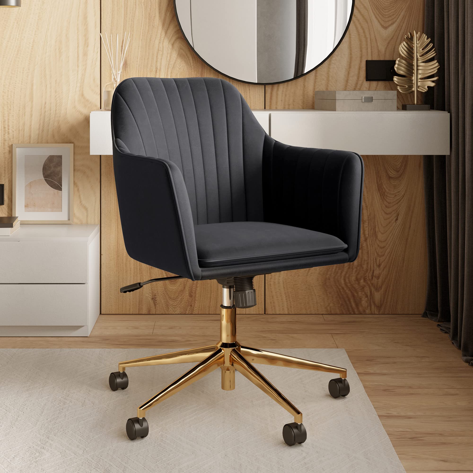 BELLEZE Modern Upholstered Velvet Swivel Office Chair with Adjustable Height - Rolling Desk Chair for Home Office, Gaming, Study - Black & Gold Accent Ergonomic Computer Chair for Work & Vanity