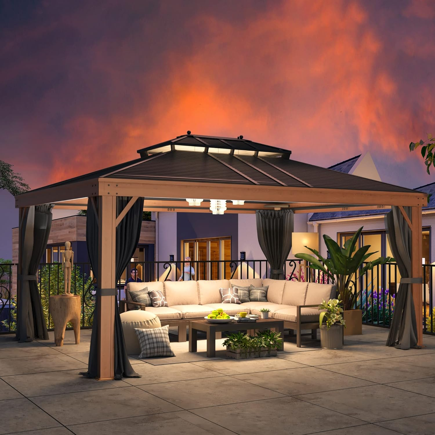 12x16 Hardtop Gazebo with Drainage Gutters - EROMMY Outdoor Metal Canopy for Patio, Backyard, Garden - Weatherproof Aluminum Roof Gazebo for Outdoor Dining & Entertaining