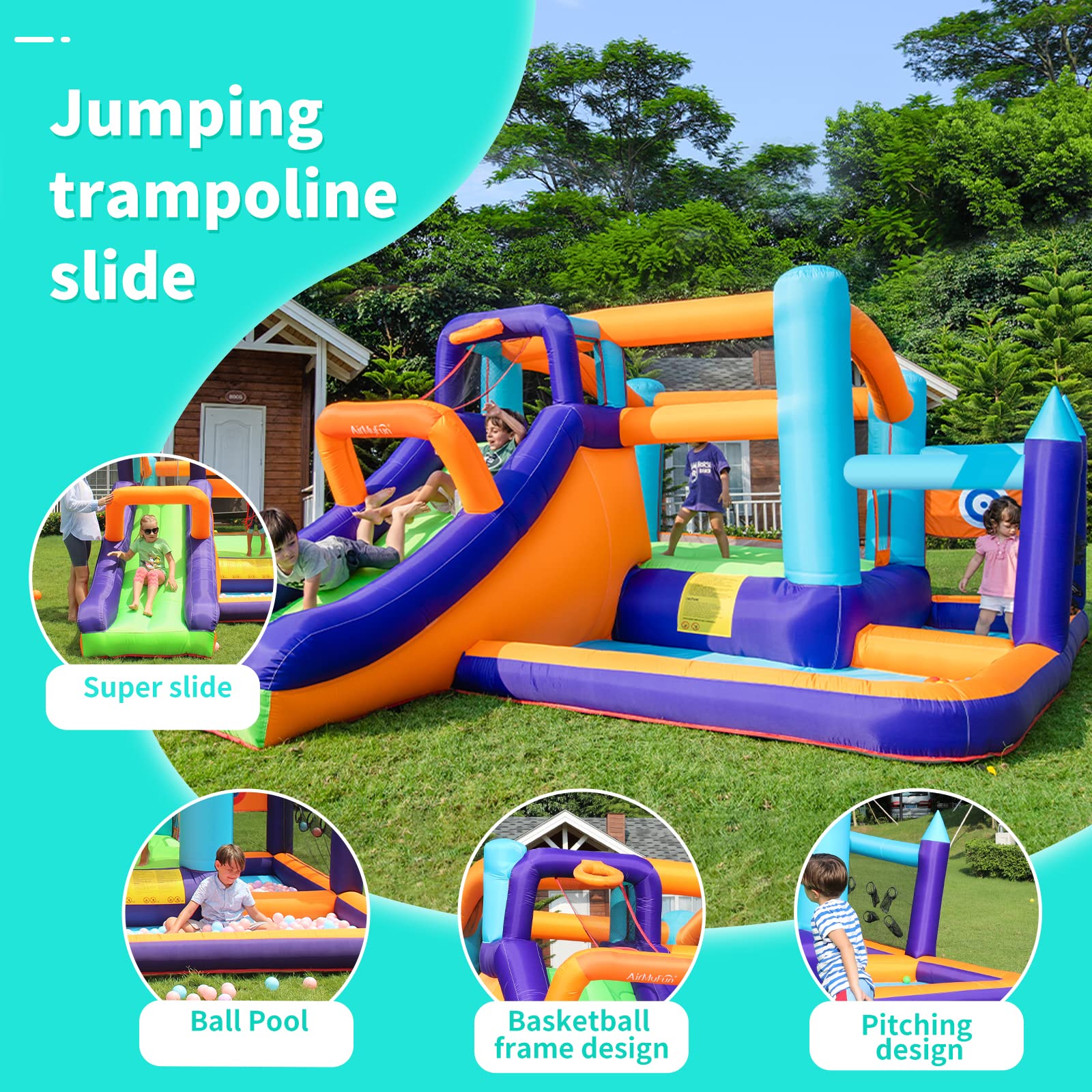 **AirMyFun Inflatable Bounce House with Slide for Kids - Indoor & Outdoor Bouncy Castle with Blower for Toddlers & Big Kids - Perfect for Backyard Parties, Birthday Celebrations & Family Fun**
