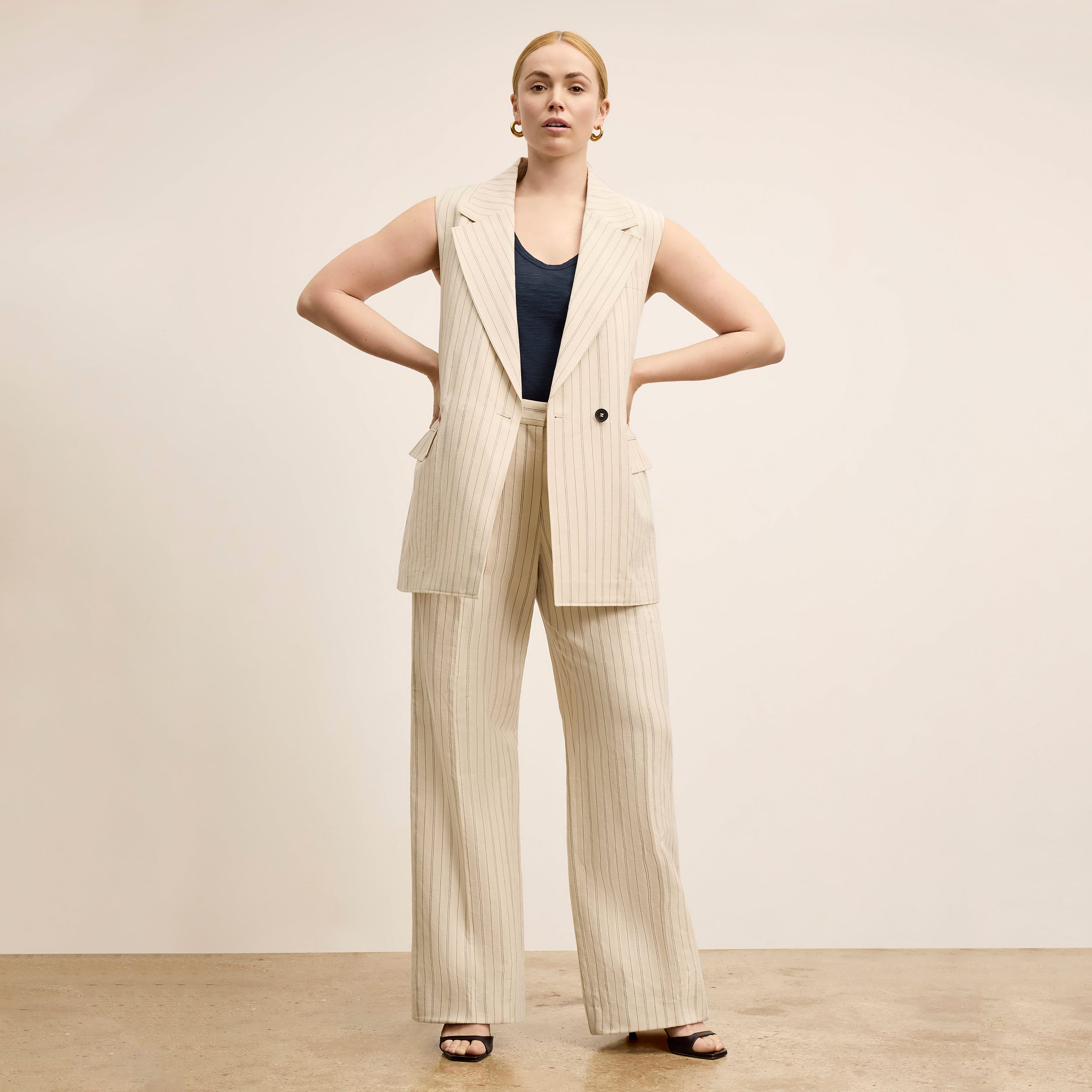 Tinsley Wide Leg Pants for Women - Breeze Stripe Pattern in Ecru & Navy - Comfortable High Waist Trousers for Office, Travel & Casual Wear